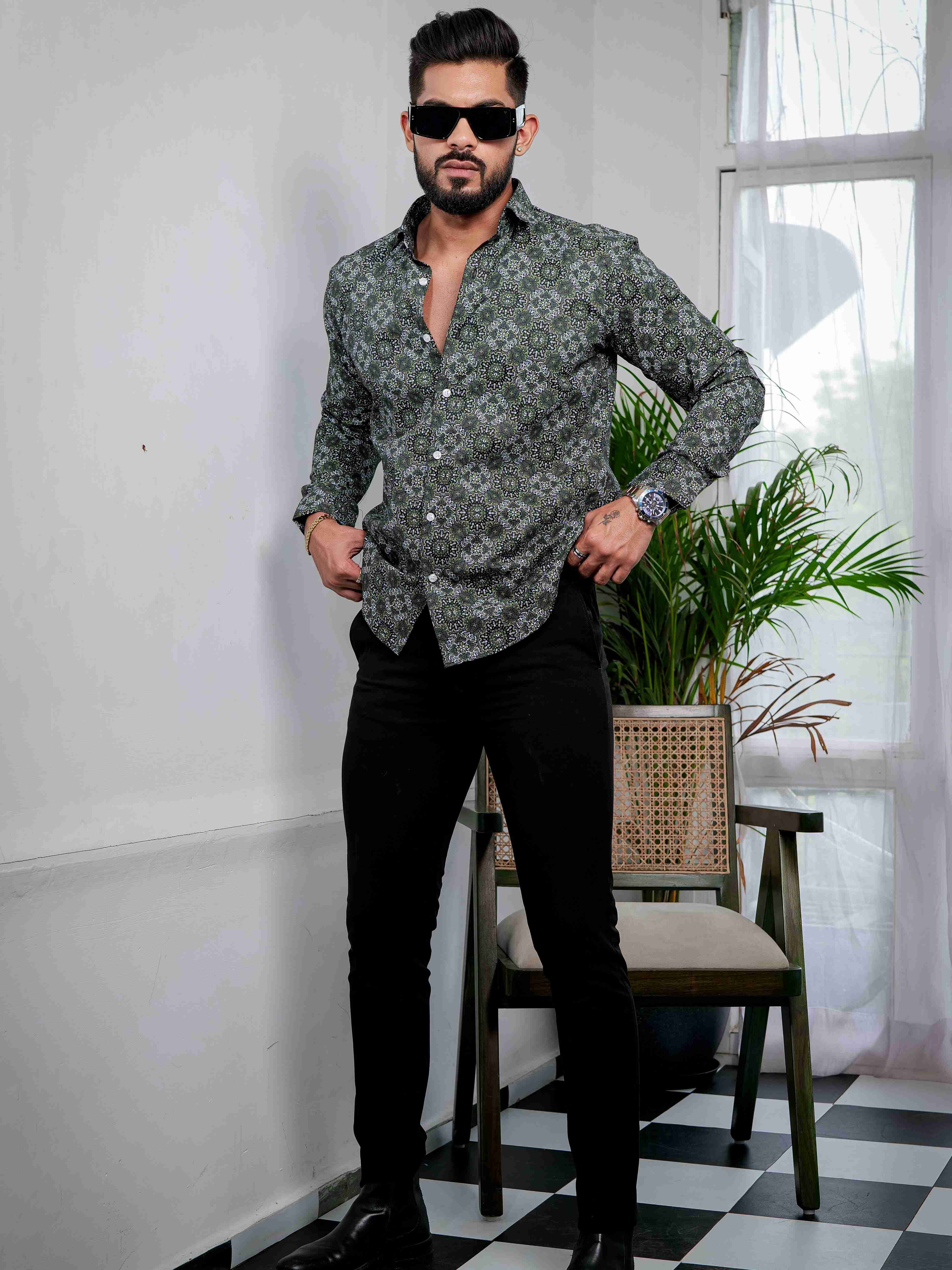 Green Cotton Print Premium Shirt - Image 5