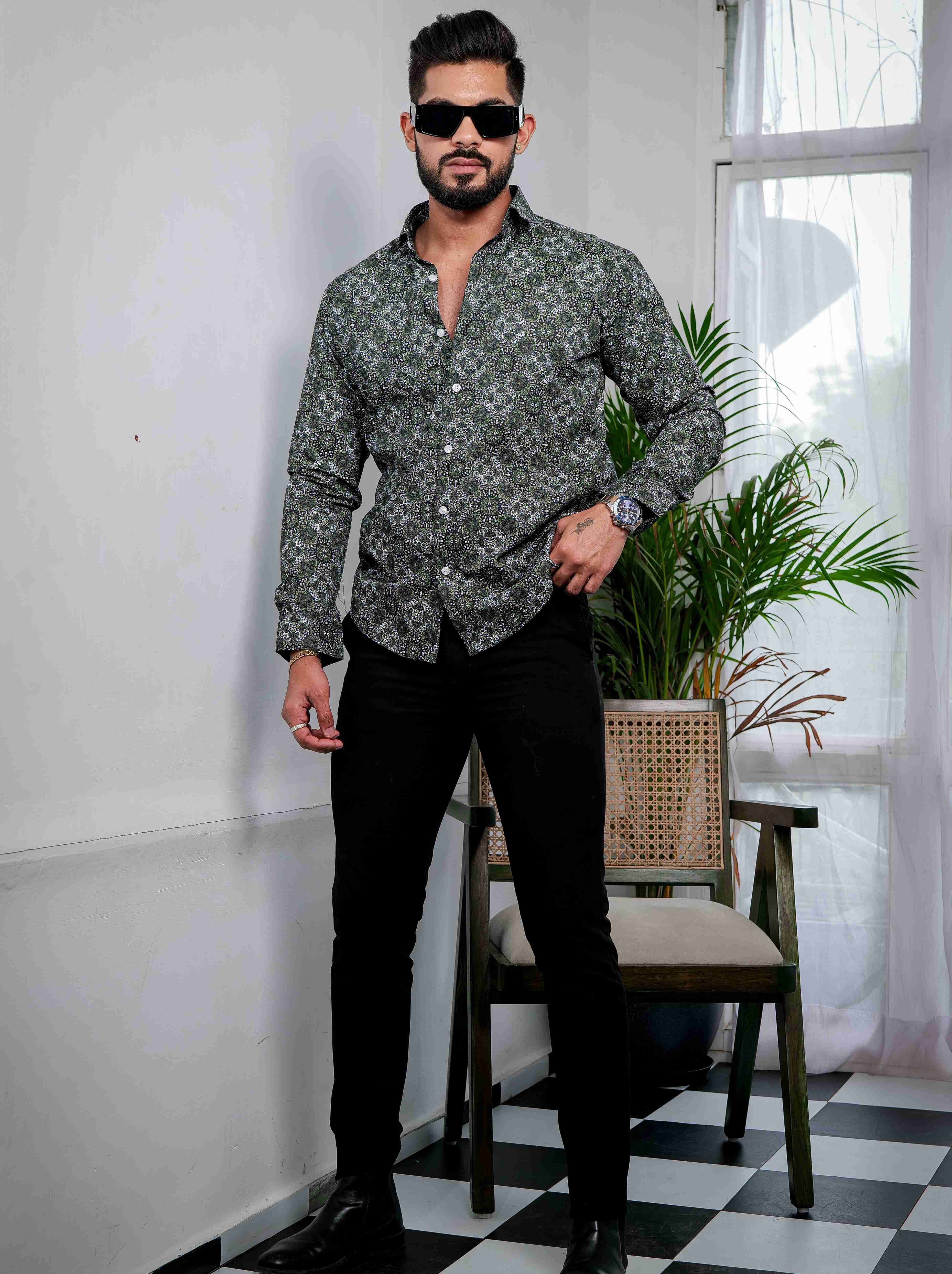 Green Cotton Print Premium Shirt - Image 6