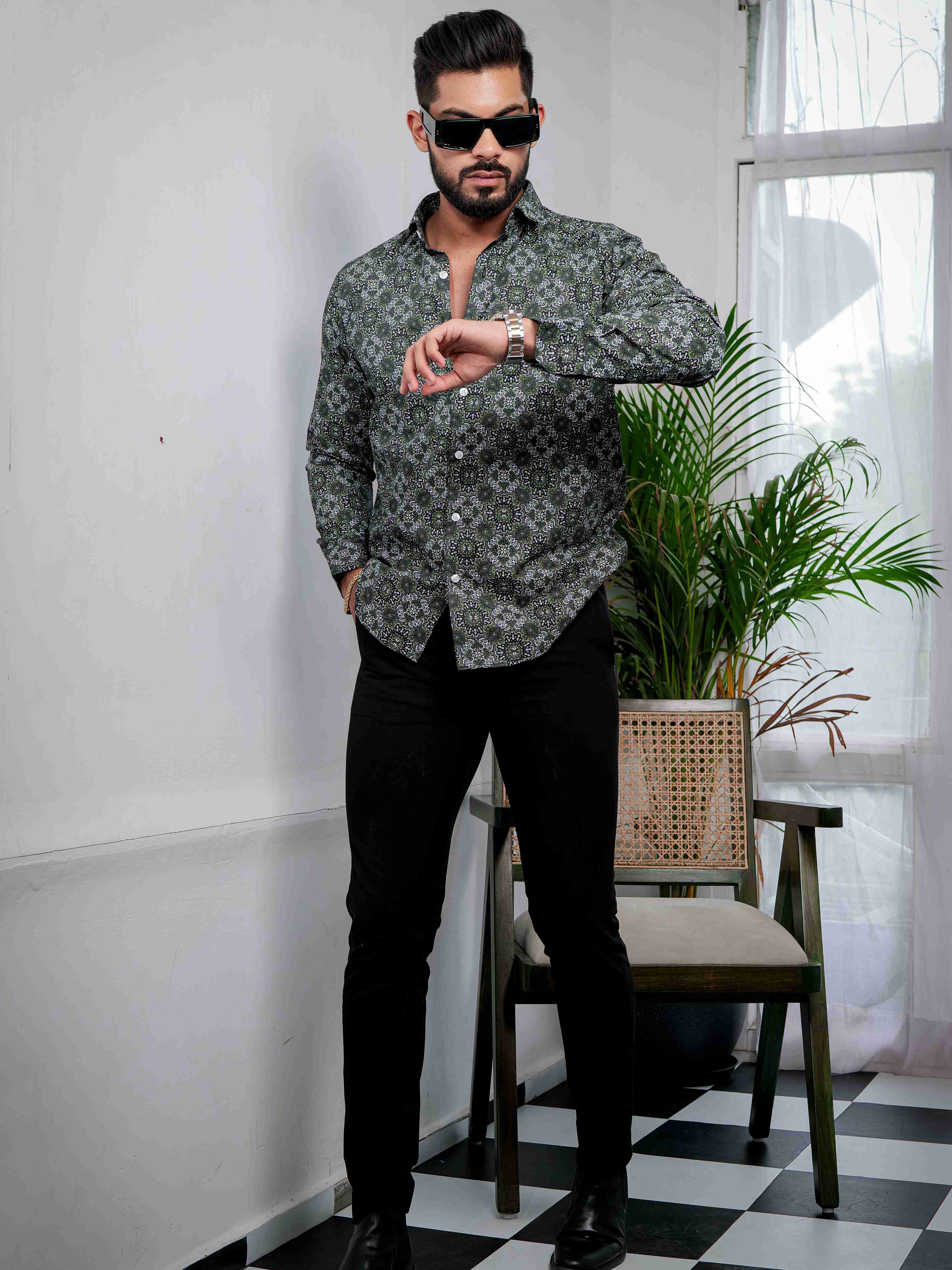 Green Cotton Print Premium Shirt - Image 8