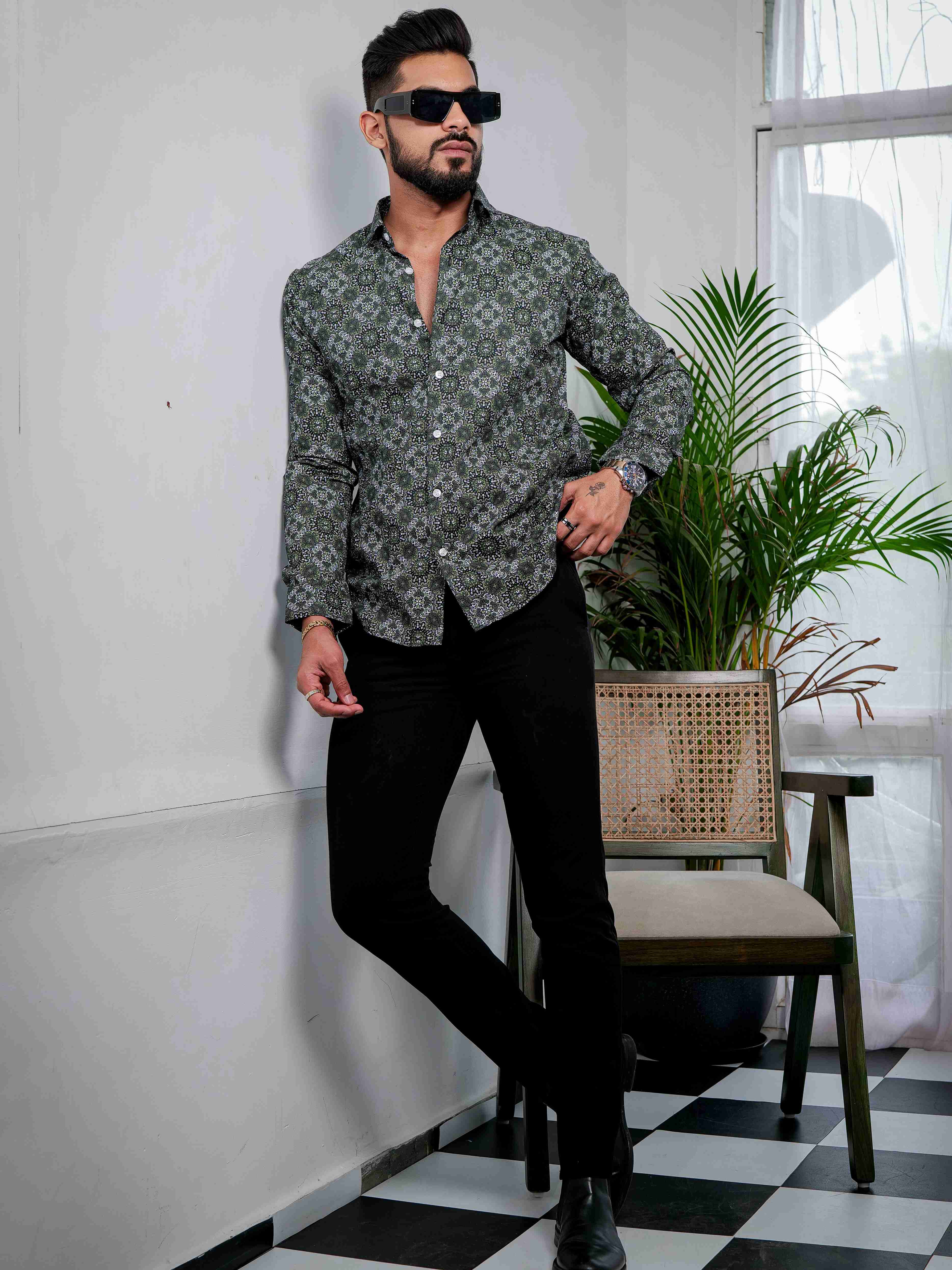 Green Cotton Print Premium Shirt - Image 9