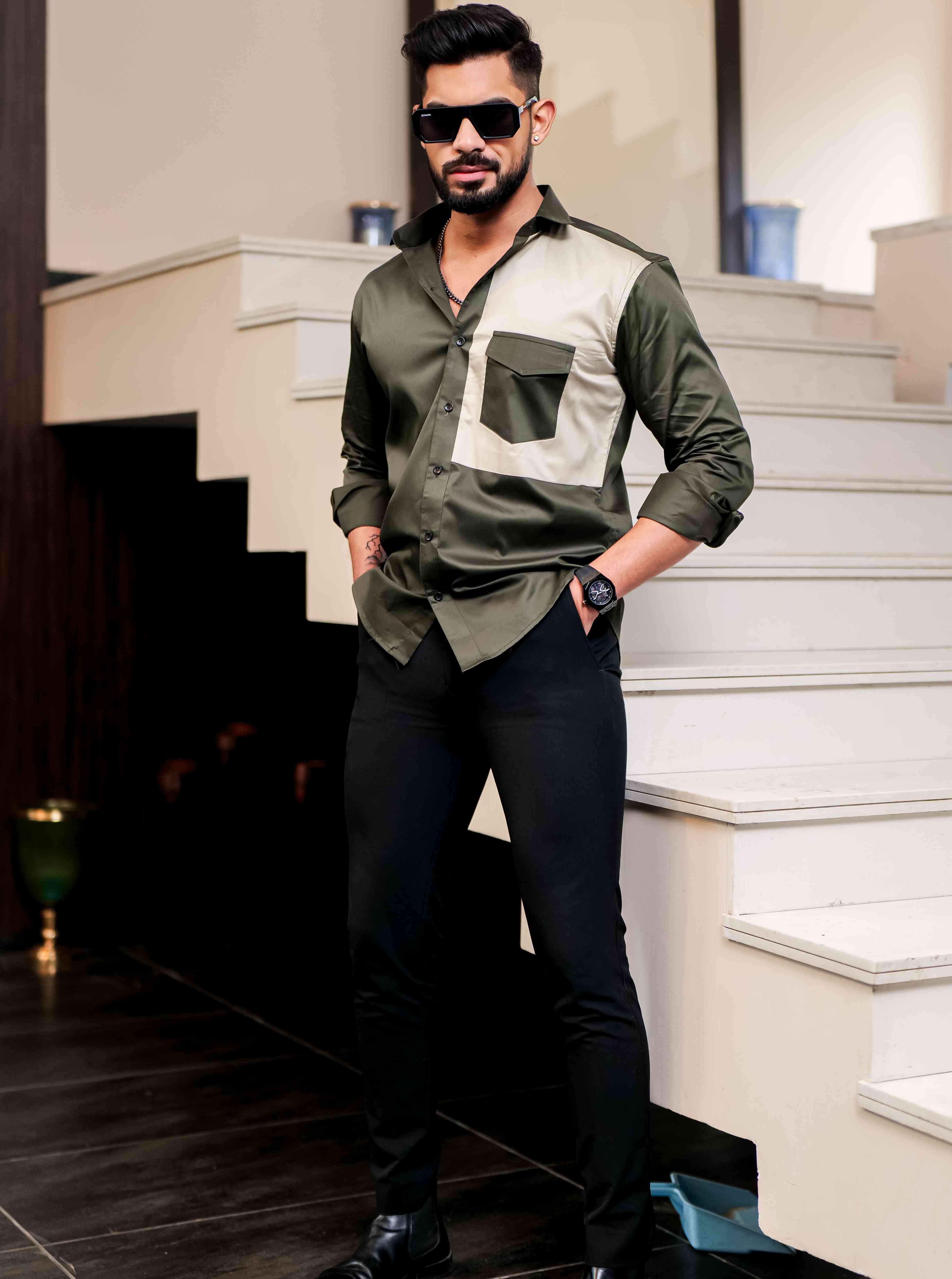 Green Cut N Sew Designer Satin Cotton Shirt - Image 3