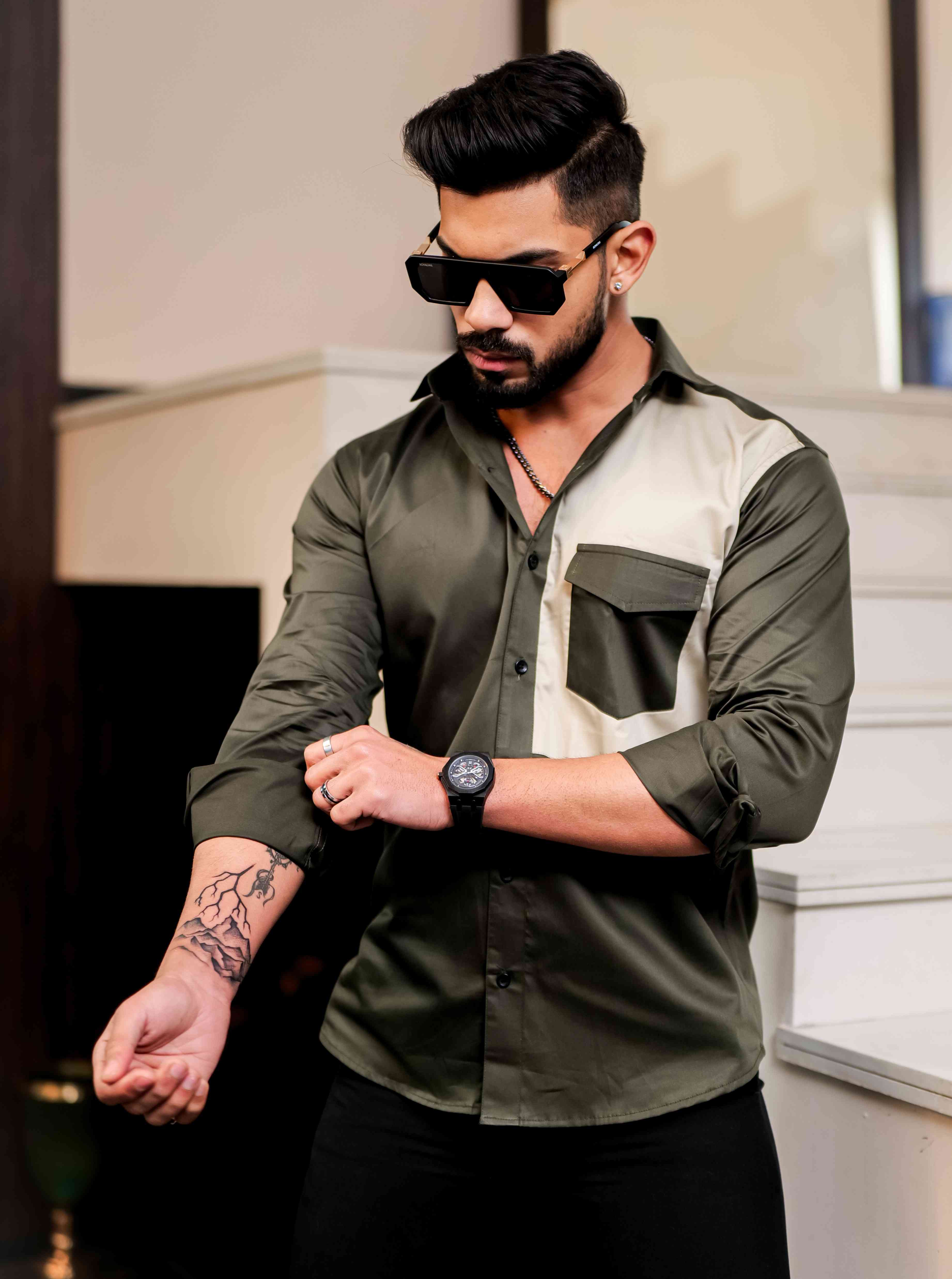 Green Cut N Sew Designer Satin Cotton Shirt - Image 4