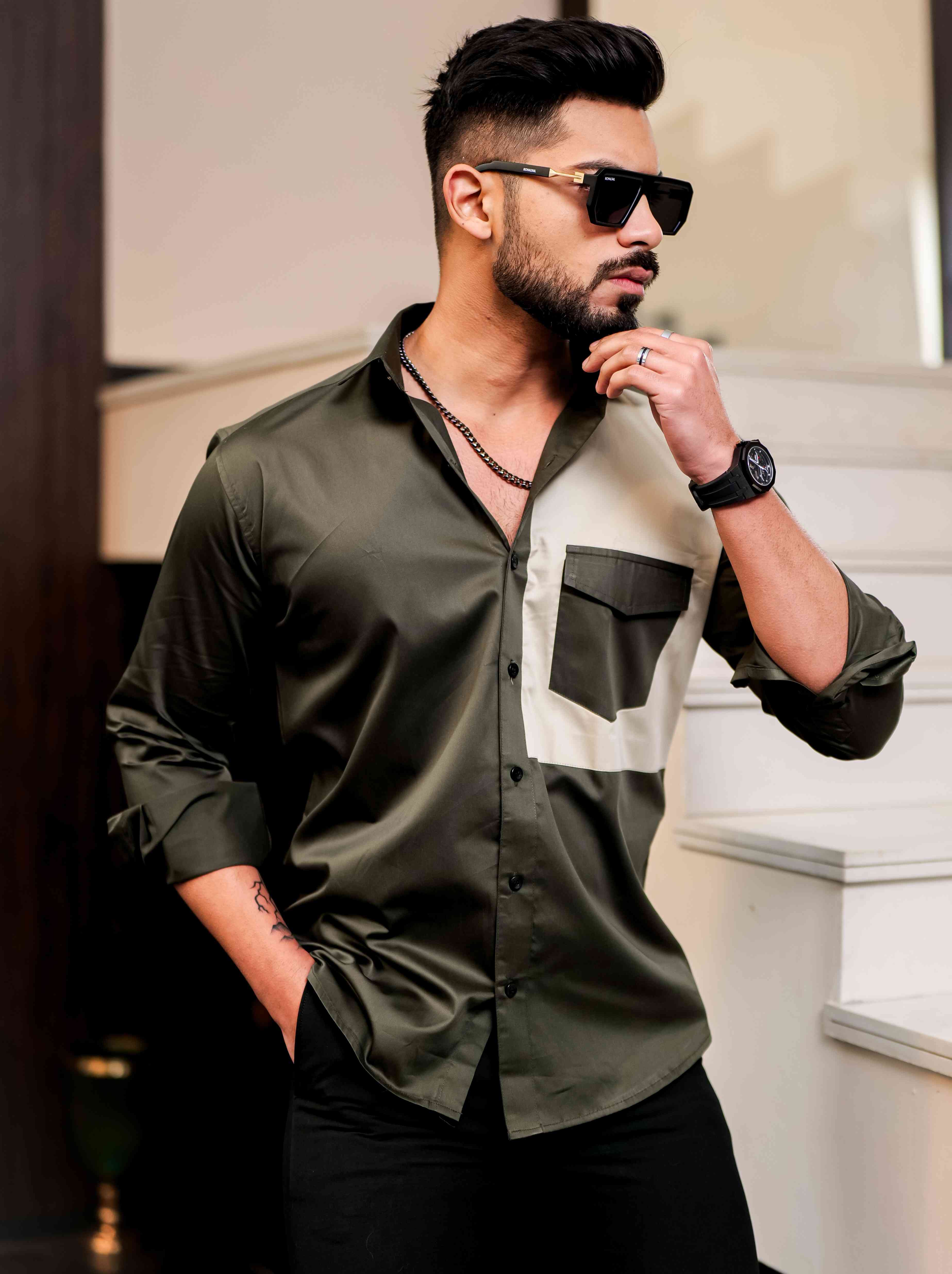 Green Cut N Sew Designer Satin Cotton Shirt - Image 6