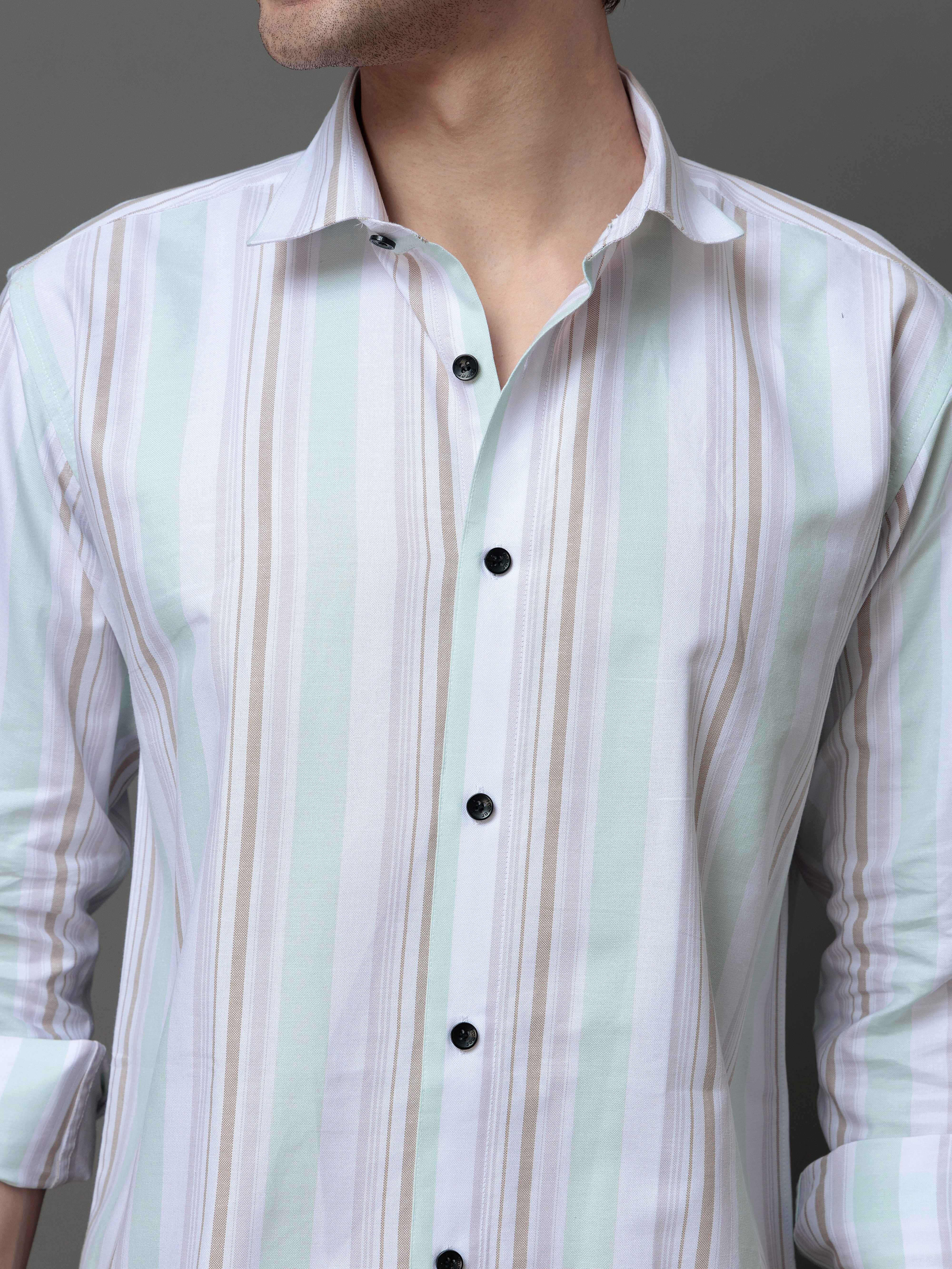 GREEN MULTI STRIPES COTTON REGULAR FIT MEN'S CASUAL SHIRT FOR MEN'S - Image 2