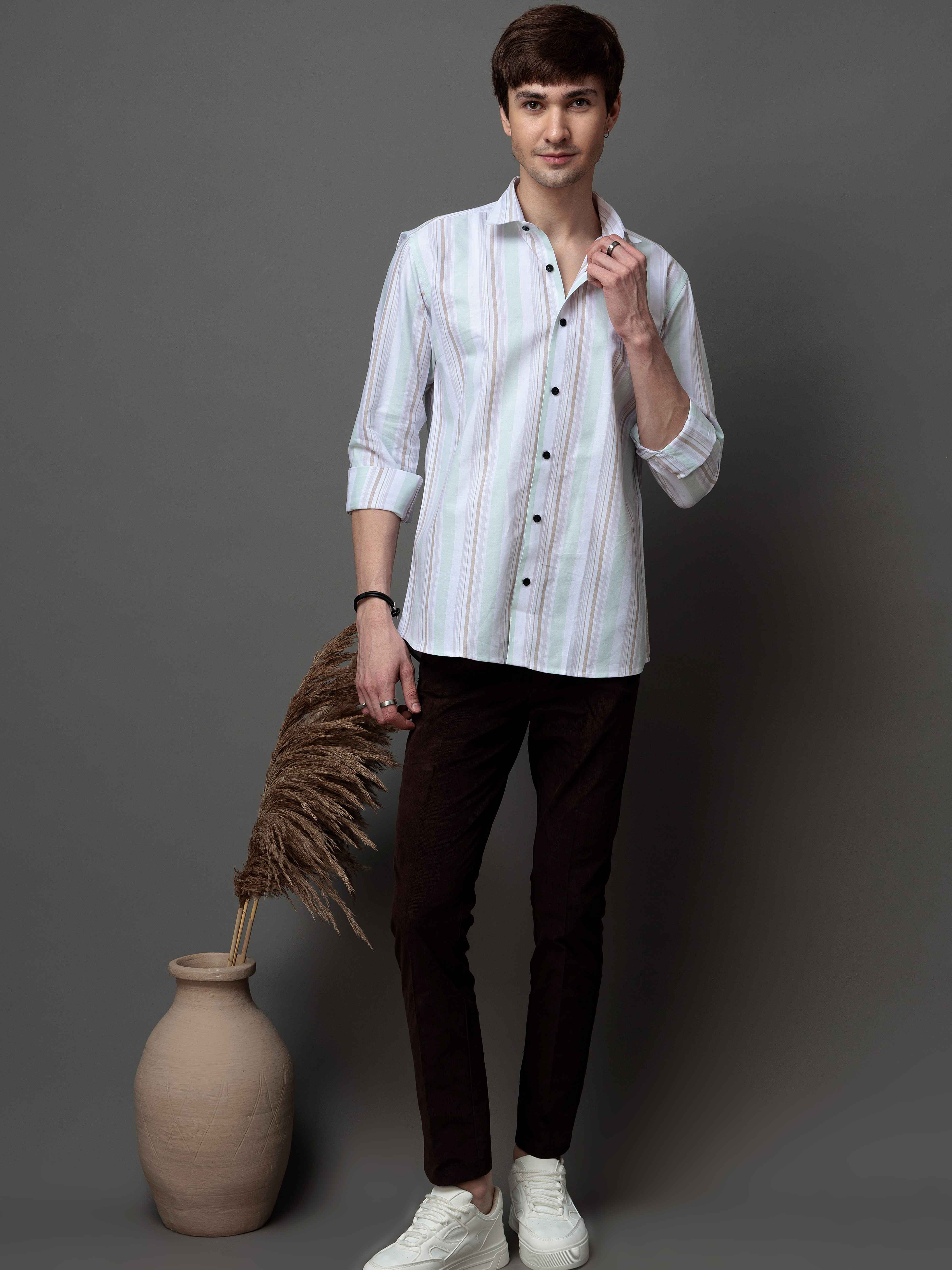 GREEN MULTI STRIPES COTTON REGULAR FIT MEN'S CASUAL SHIRT FOR MEN'S - Image 5