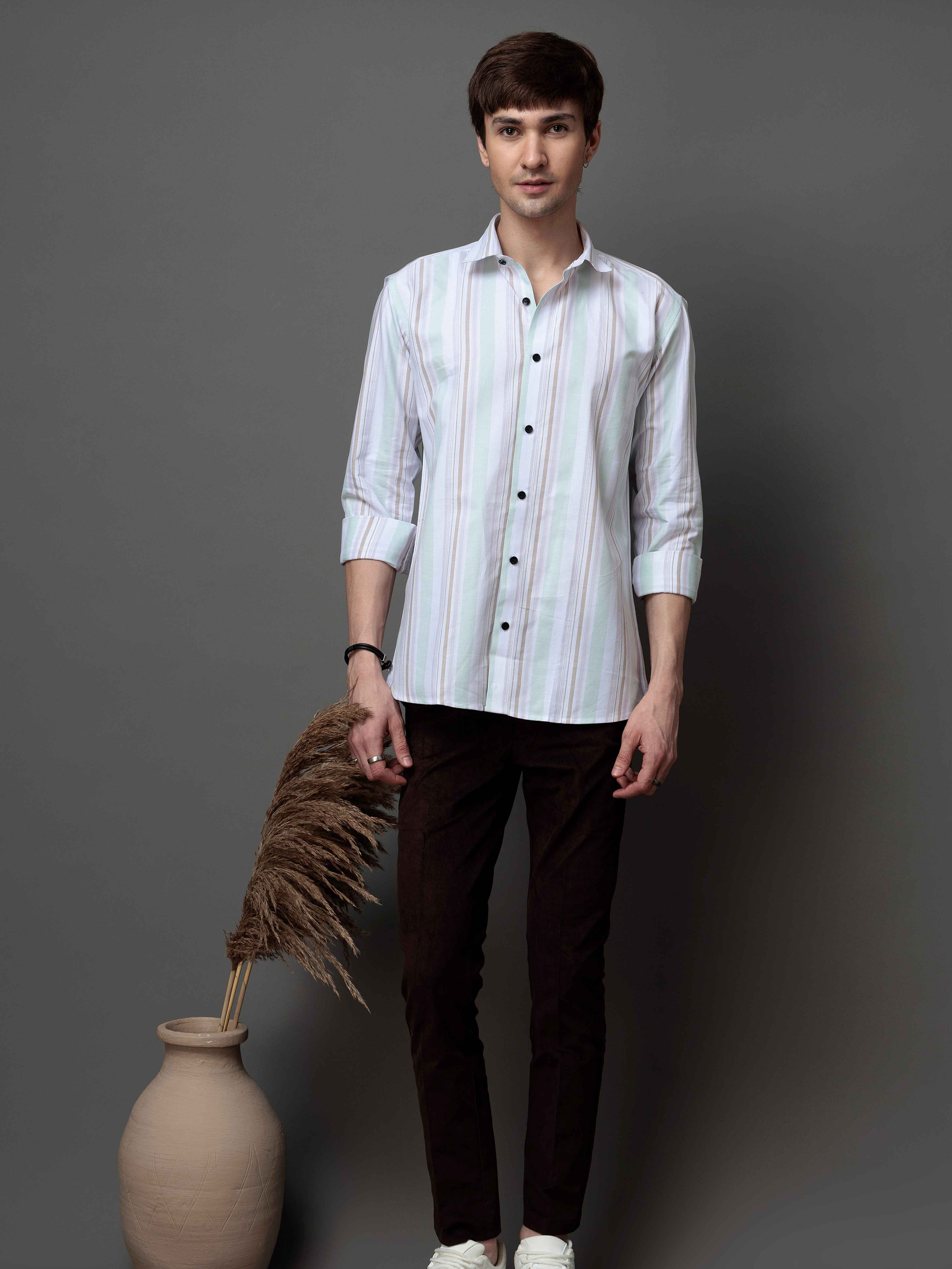 GREEN MULTI STRIPES COTTON REGULAR FIT MEN'S CASUAL SHIRT FOR MEN'S - Image 6