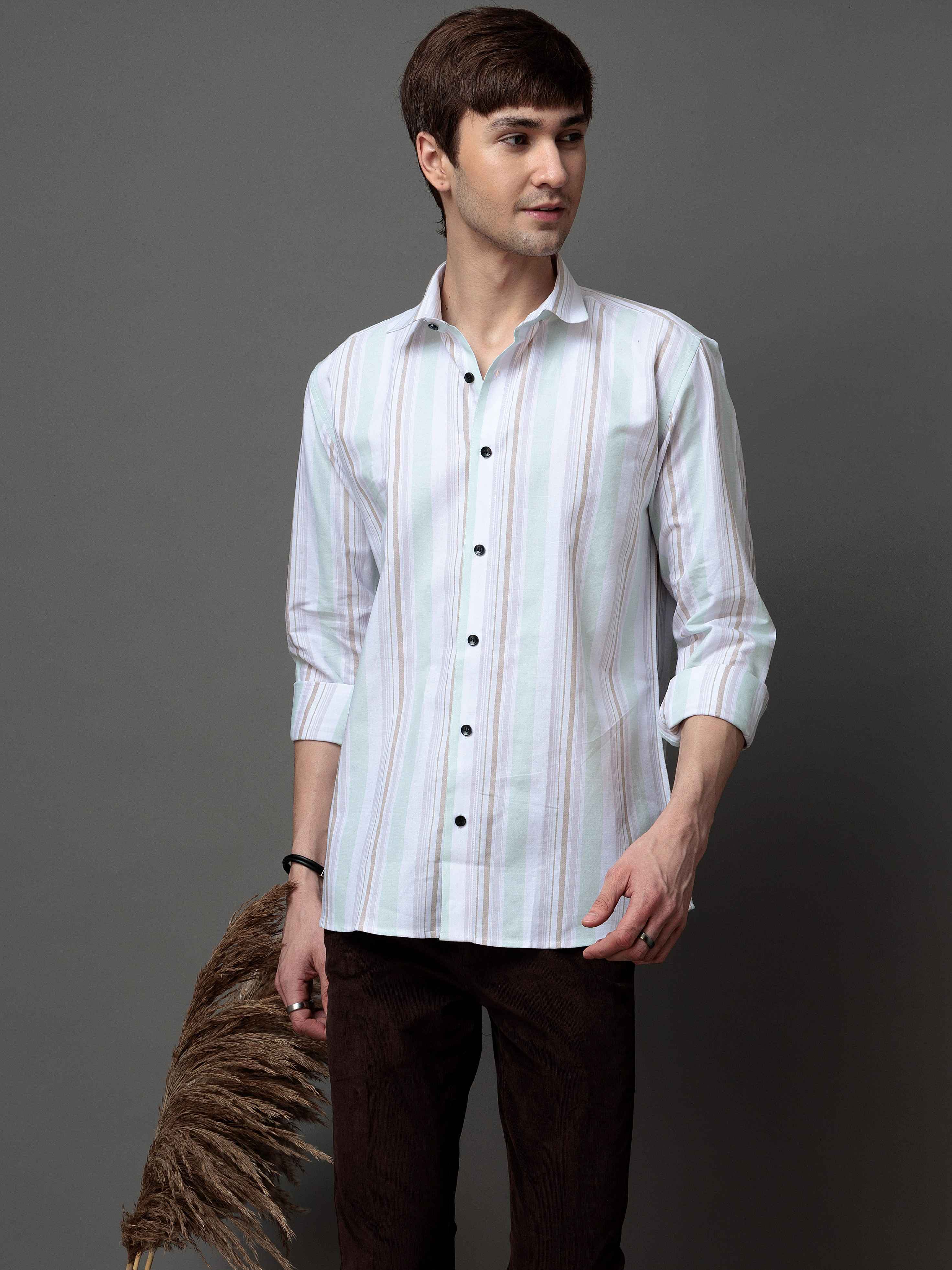 GREEN MULTI STRIPES COTTON REGULAR FIT MEN'S CASUAL SHIRT FOR MEN'S - Image 7