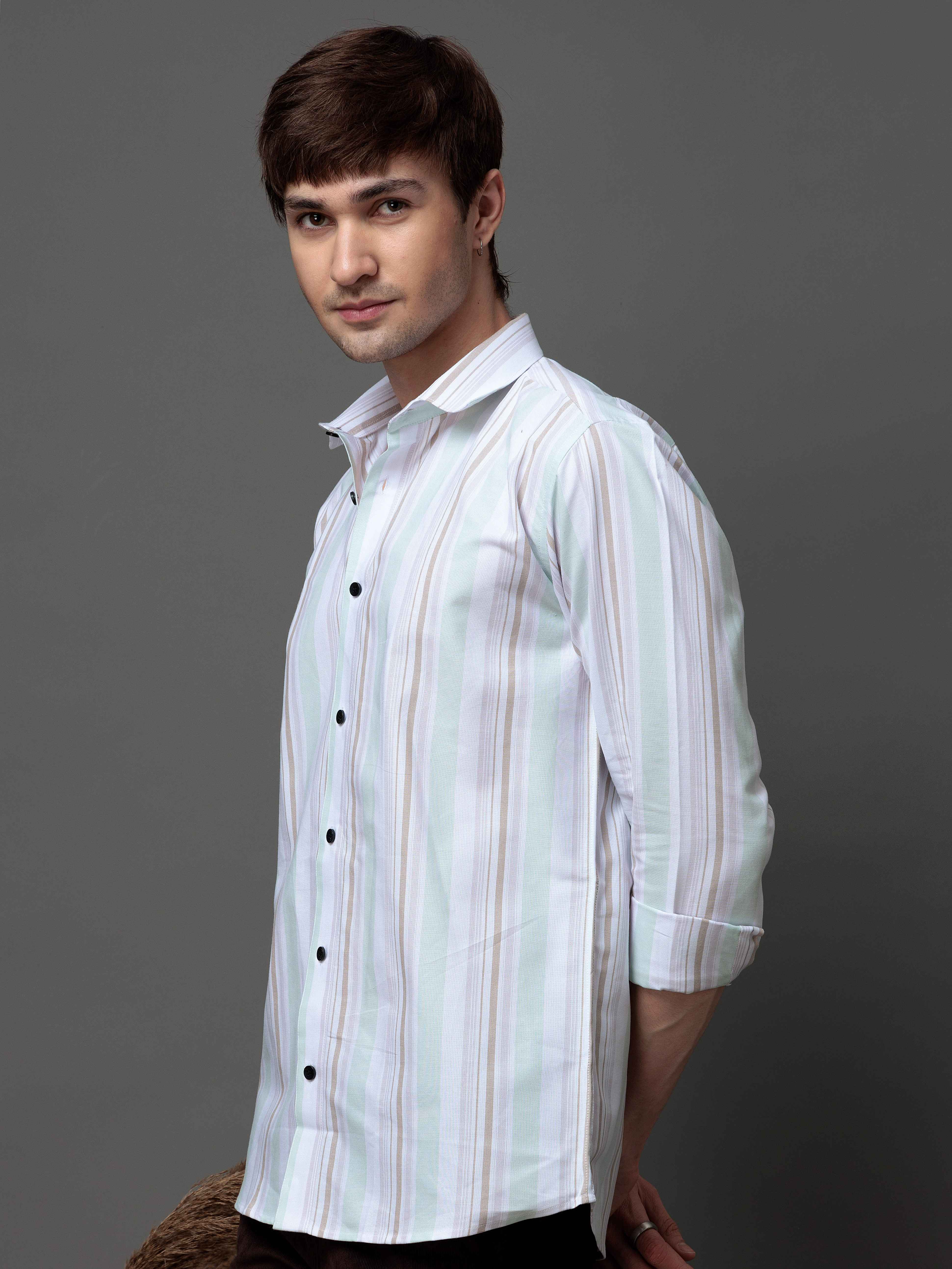 GREEN MULTI STRIPES COTTON REGULAR FIT MEN'S CASUAL SHIRT FOR MEN'S - Image 8