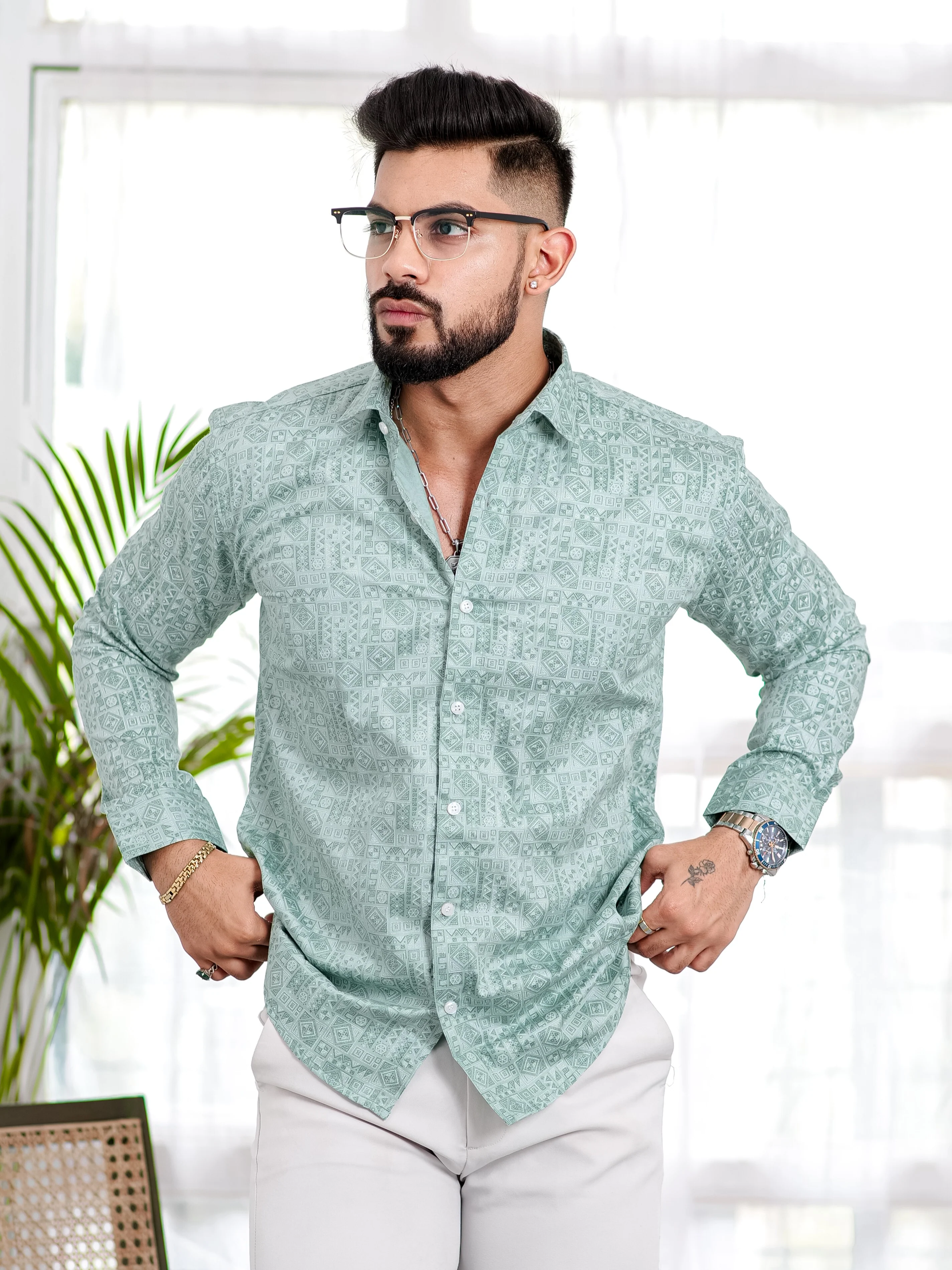 Green Satin Print Premium Shirt - Image 3