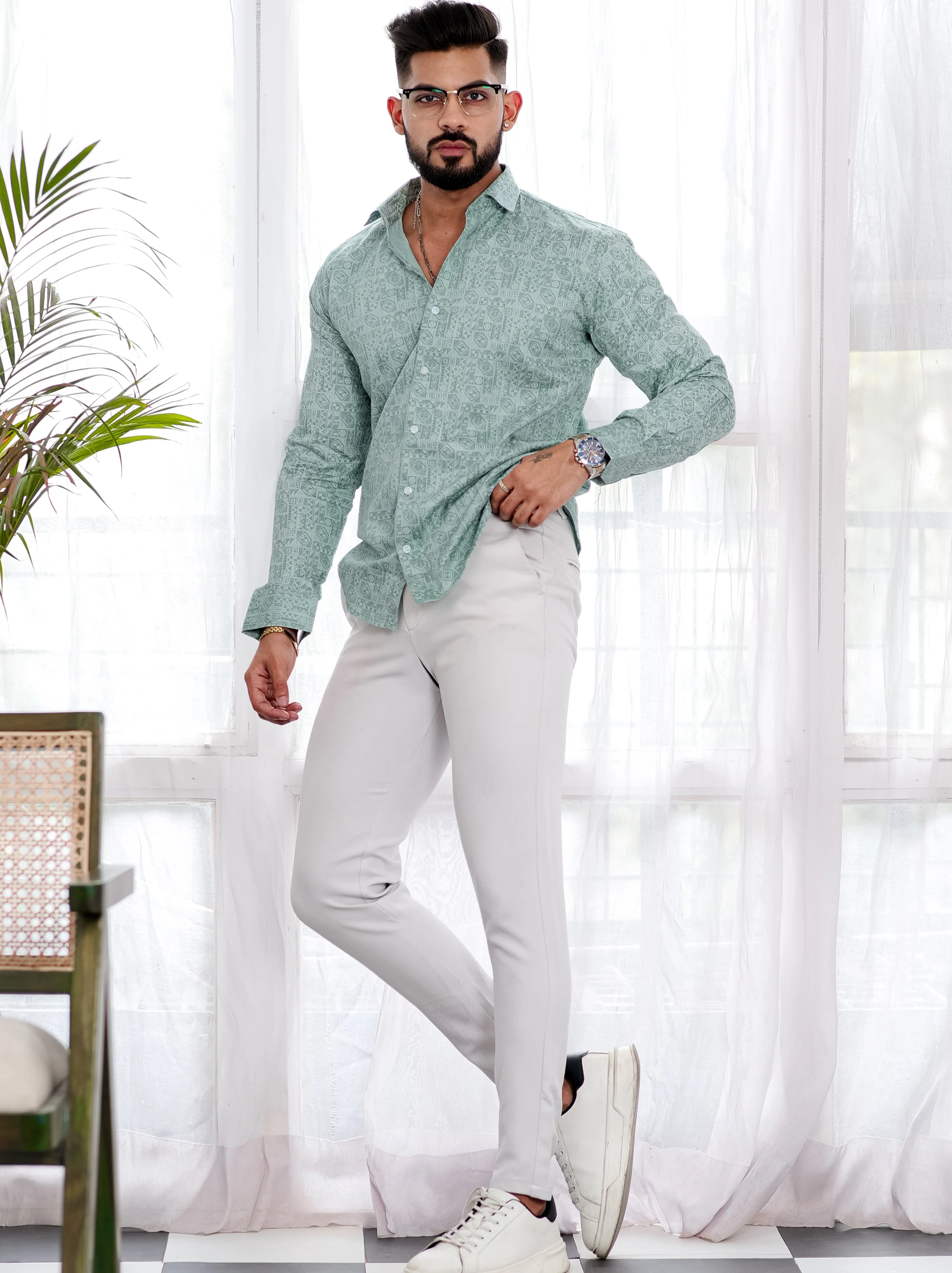 Green Satin Print Premium Shirt - Image 4