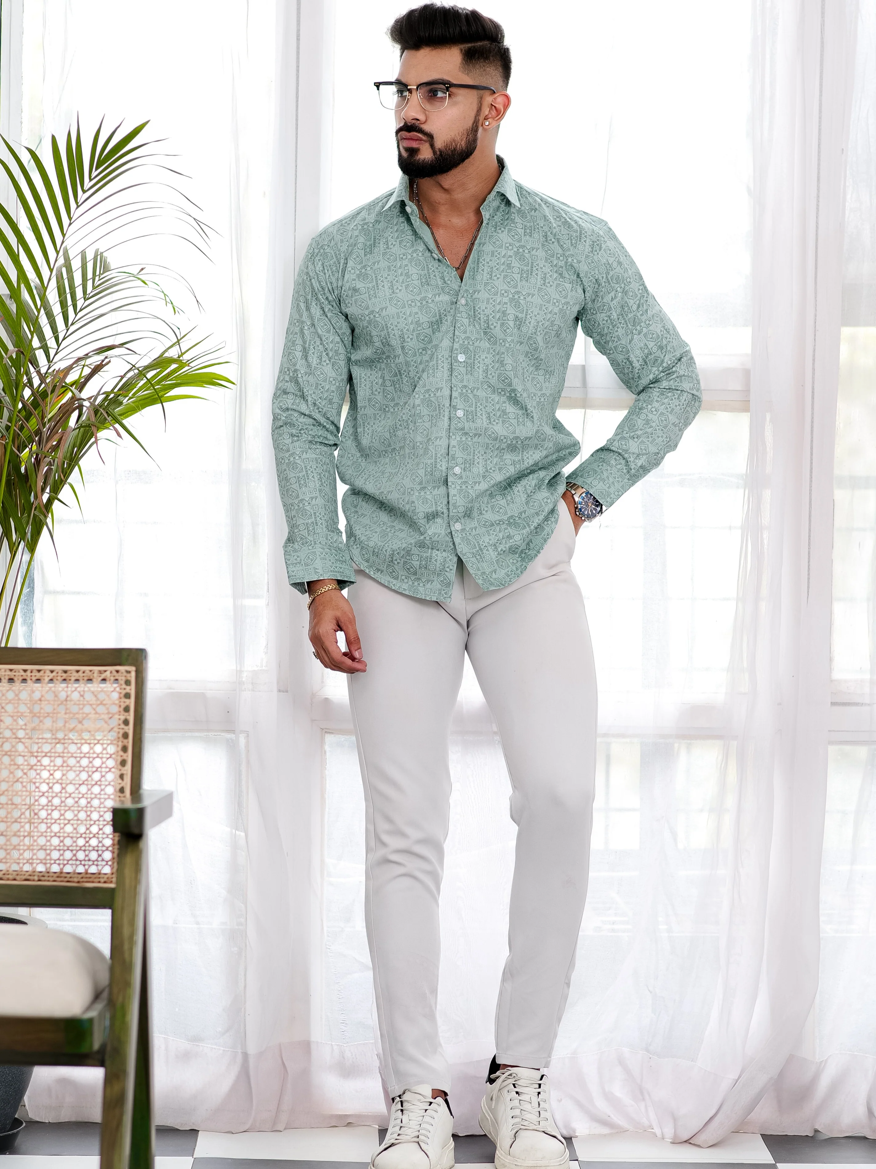Green Satin Print Premium Shirt - Image 5