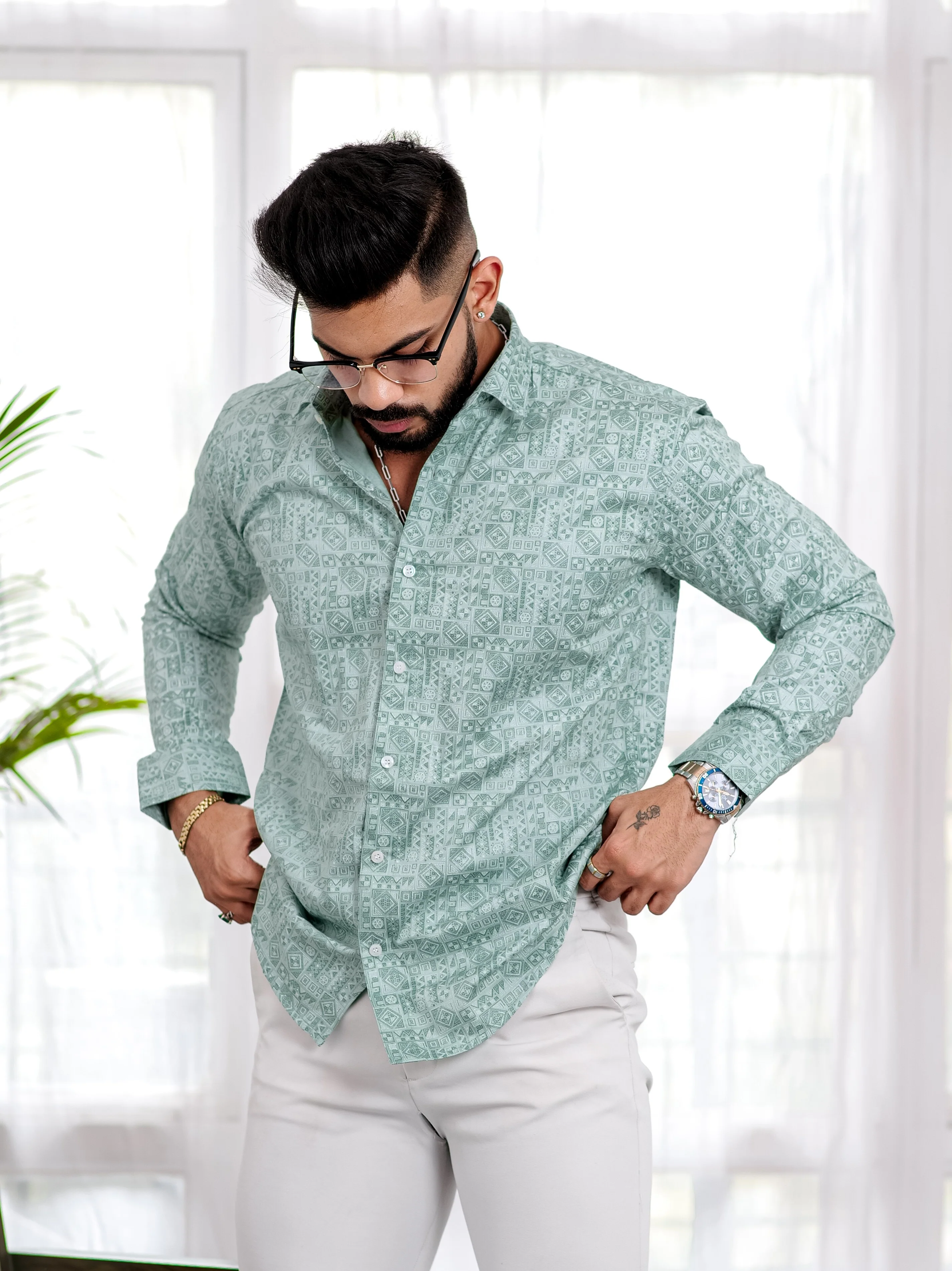 Green Satin Print Premium Shirt - Image 6