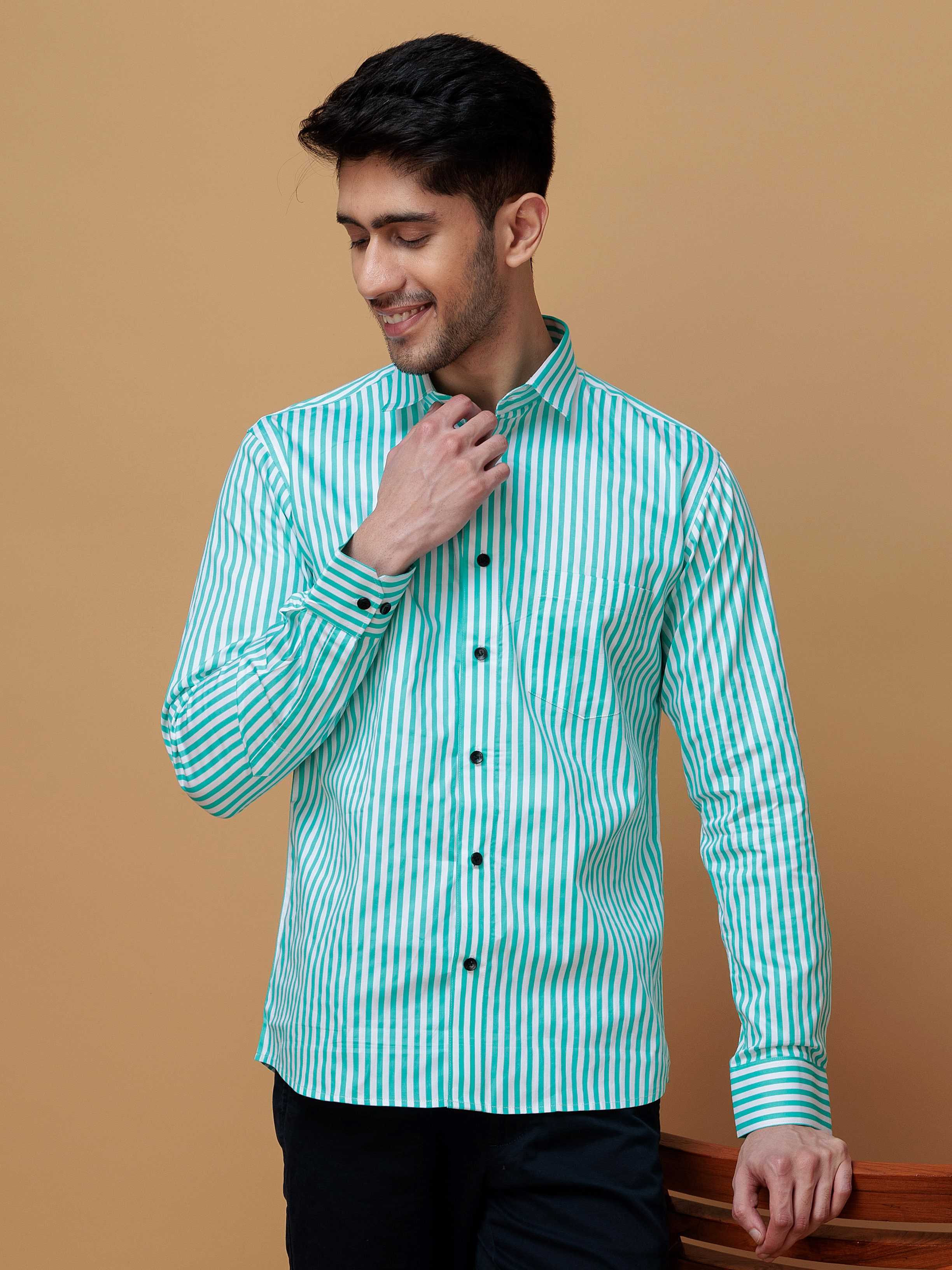 GREEN STRIPED COTTON REGULAR FIT MEN'S CASUAL SHIRT FOR MEN'S - Image 6