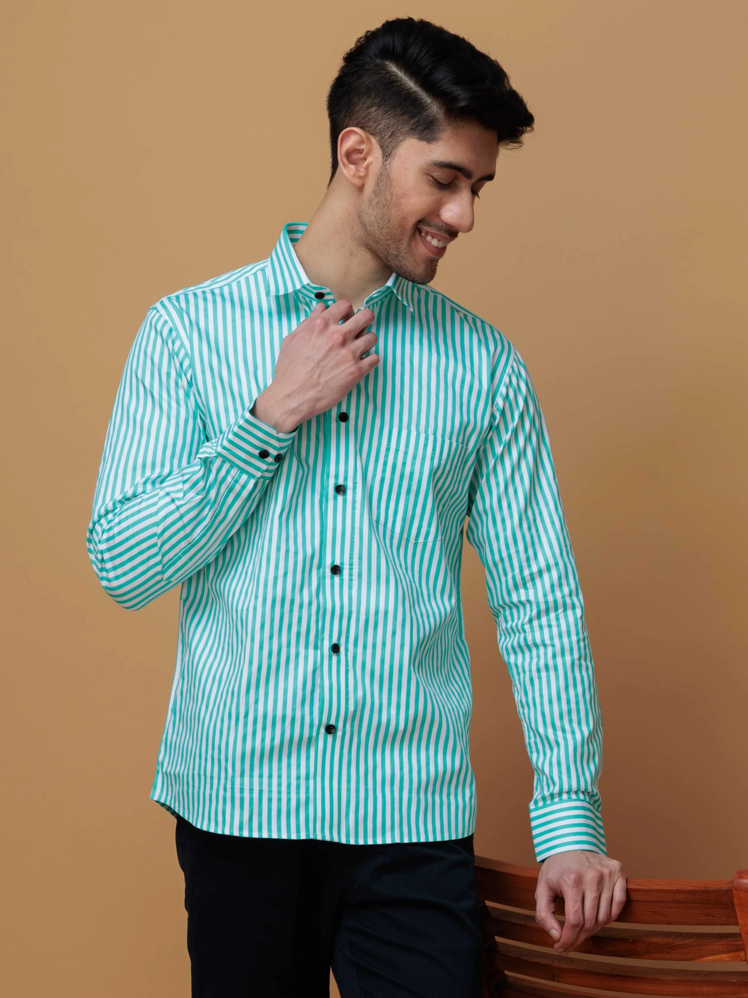 GREEN STRIPED COTTON REGULAR FIT MEN'S CASUAL SHIRT FOR MEN'S - Image 8