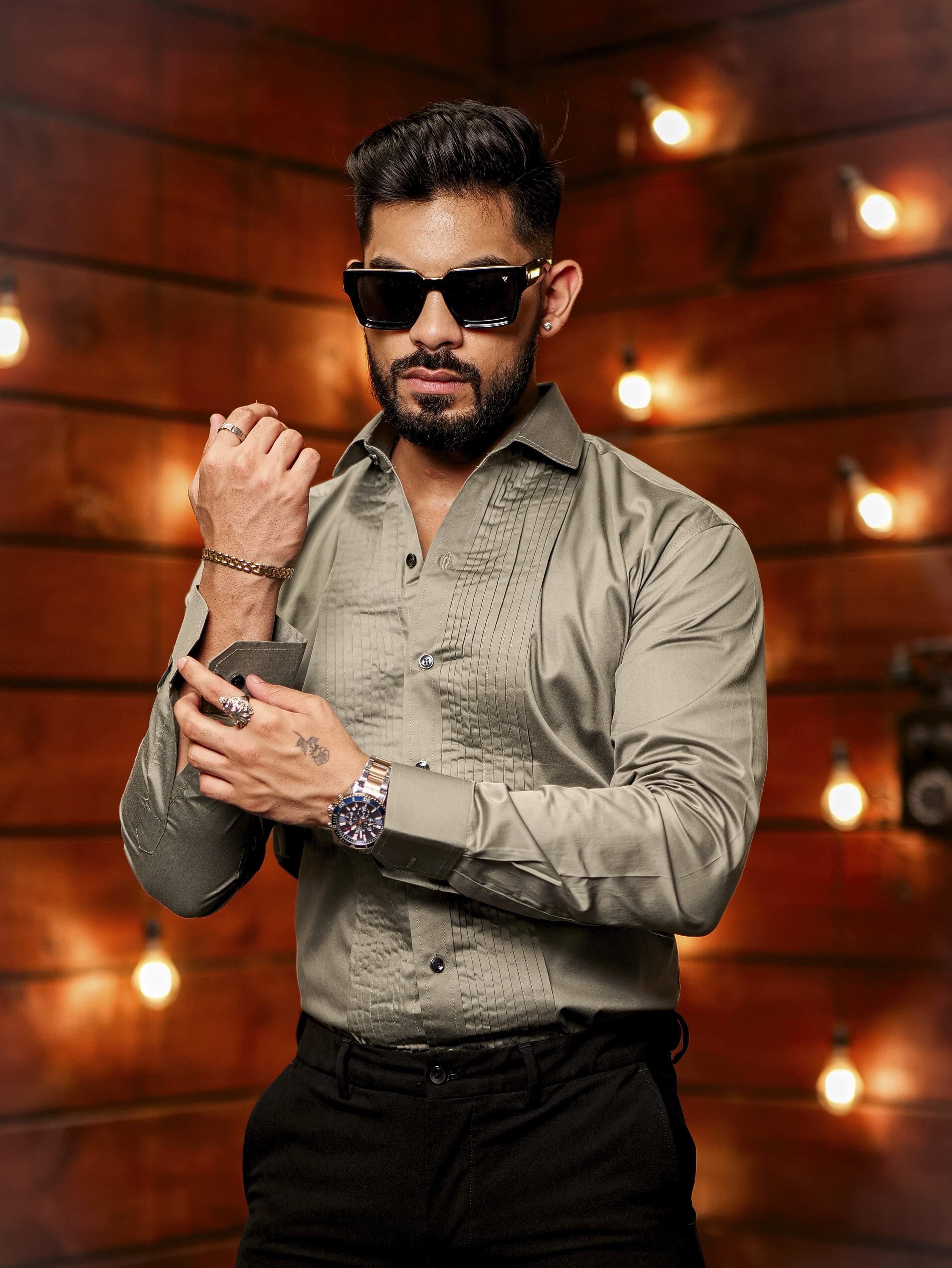 Green Subtle Sheen Tuxedo Premium Giza Satin Cotton Shirt - Image 5