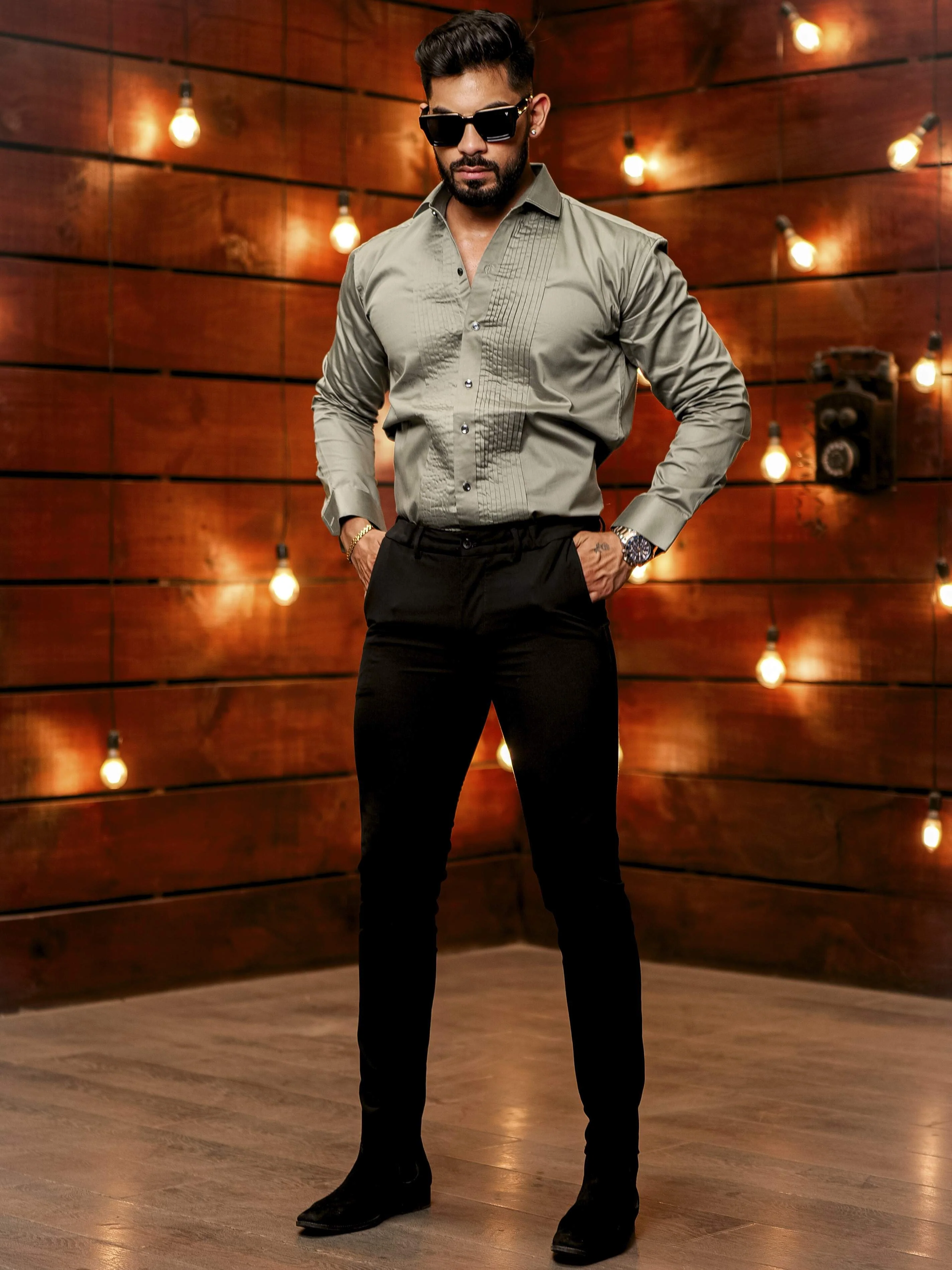 Green Subtle Sheen Tuxedo Premium Giza Satin Cotton Shirt - Image 6