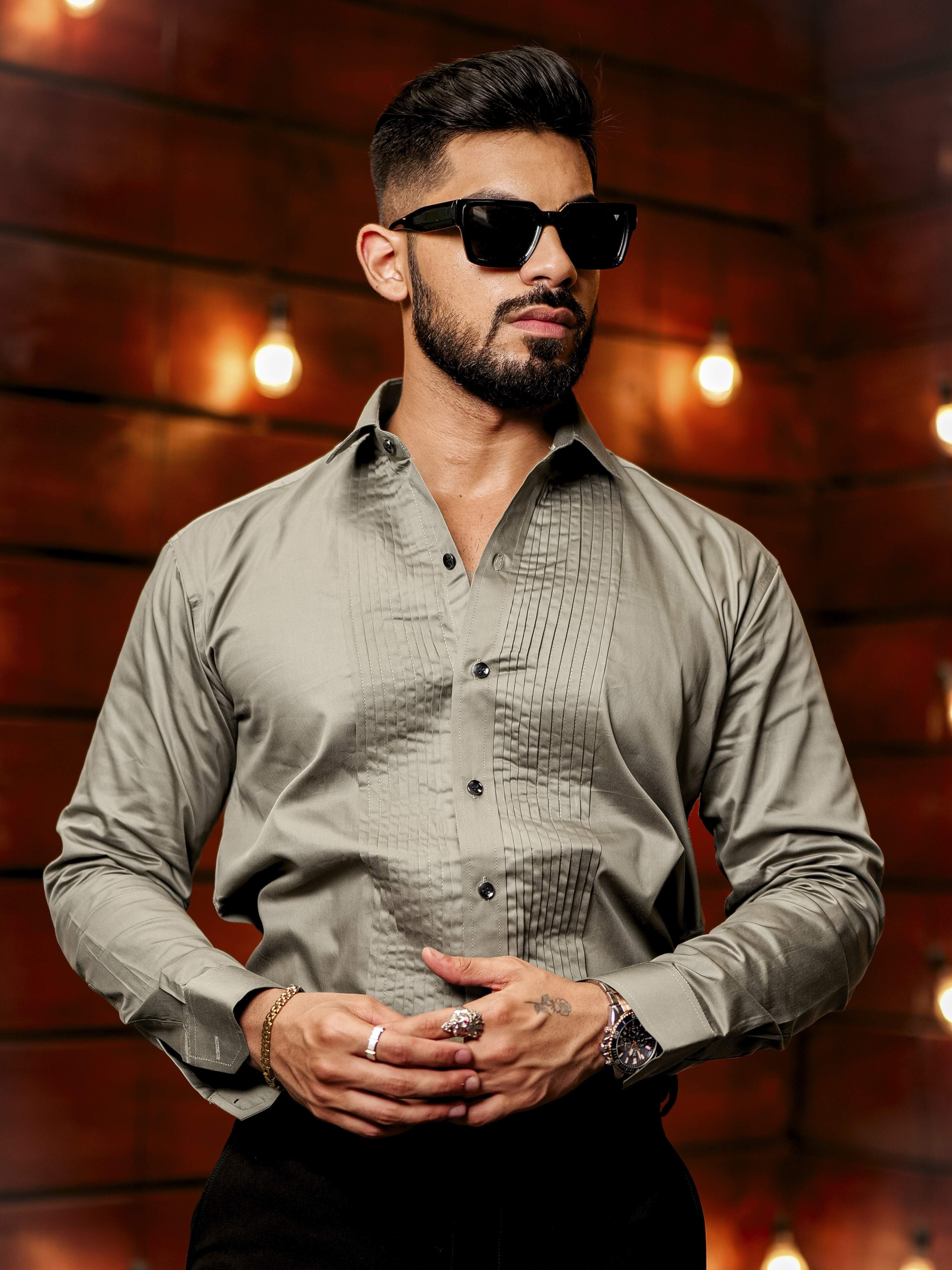 Green Subtle Sheen Tuxedo Premium Giza Satin Cotton Shirt - Image 7