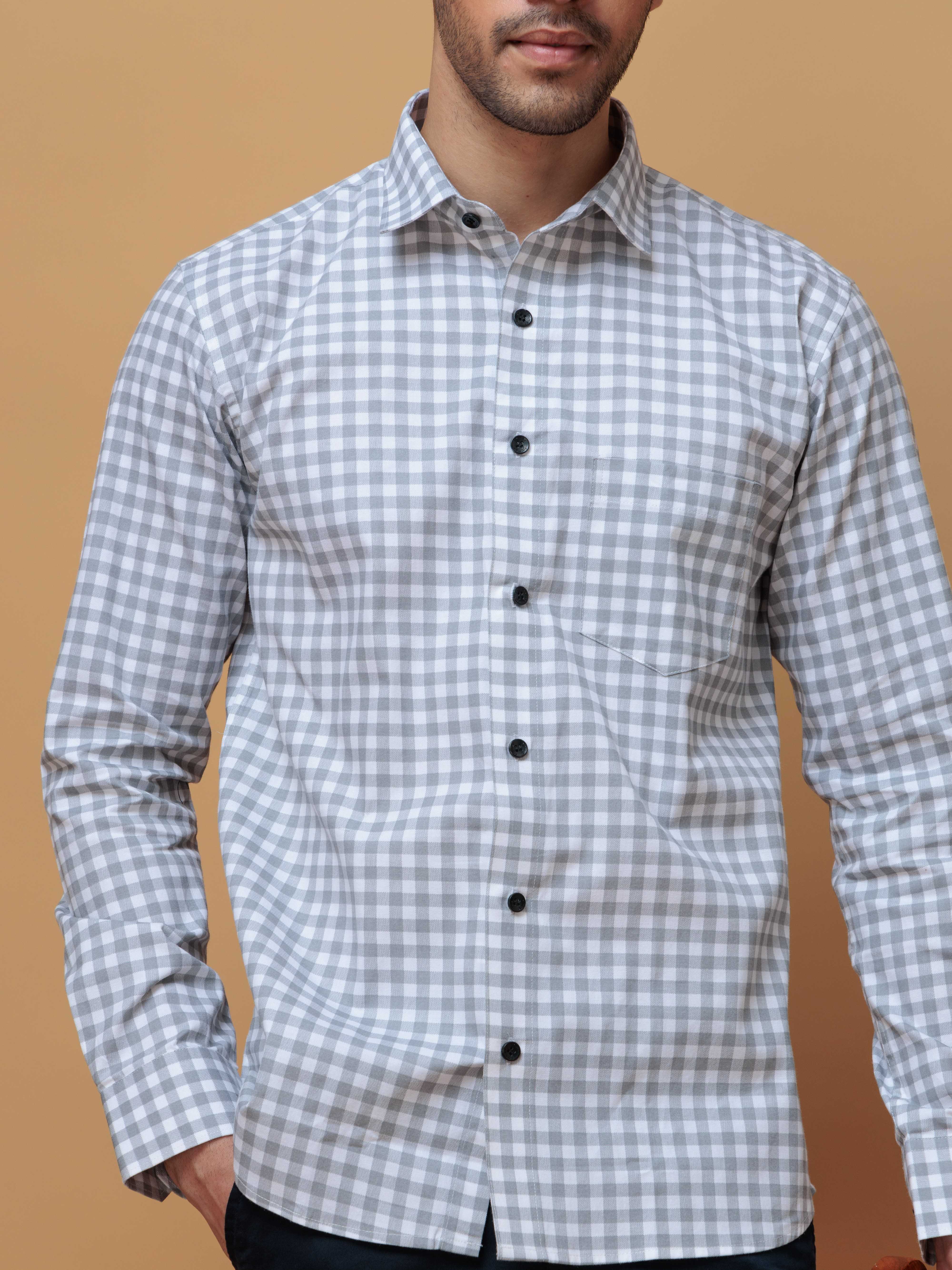 GREY CHECKERED PRINTED COTTON CASUAL SHIRT FOR MEN'S - Image 2