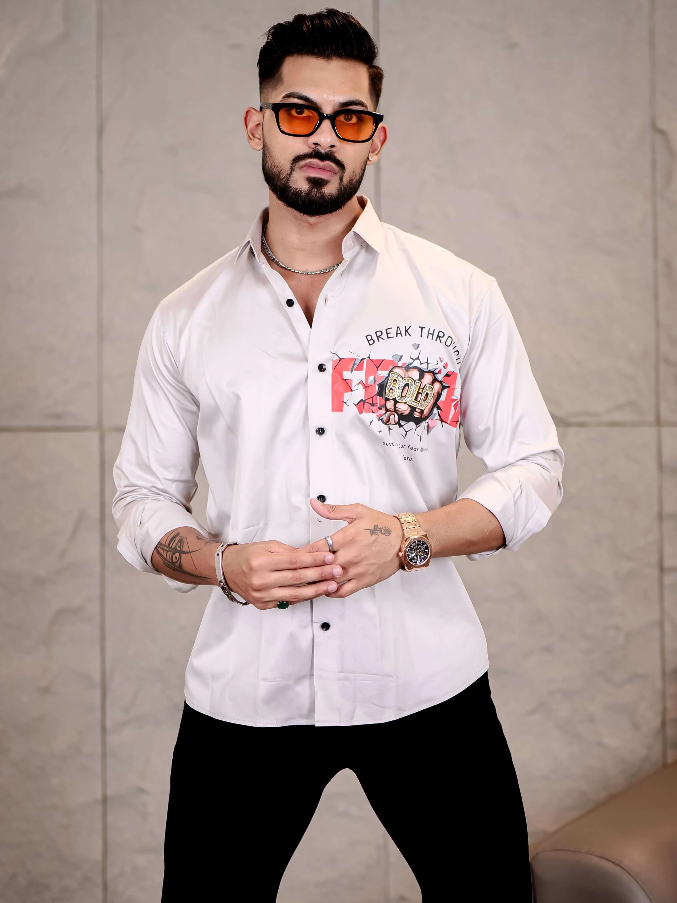 Grey Club Wear Boss Printed Satin Cotton Shirt - Image 3