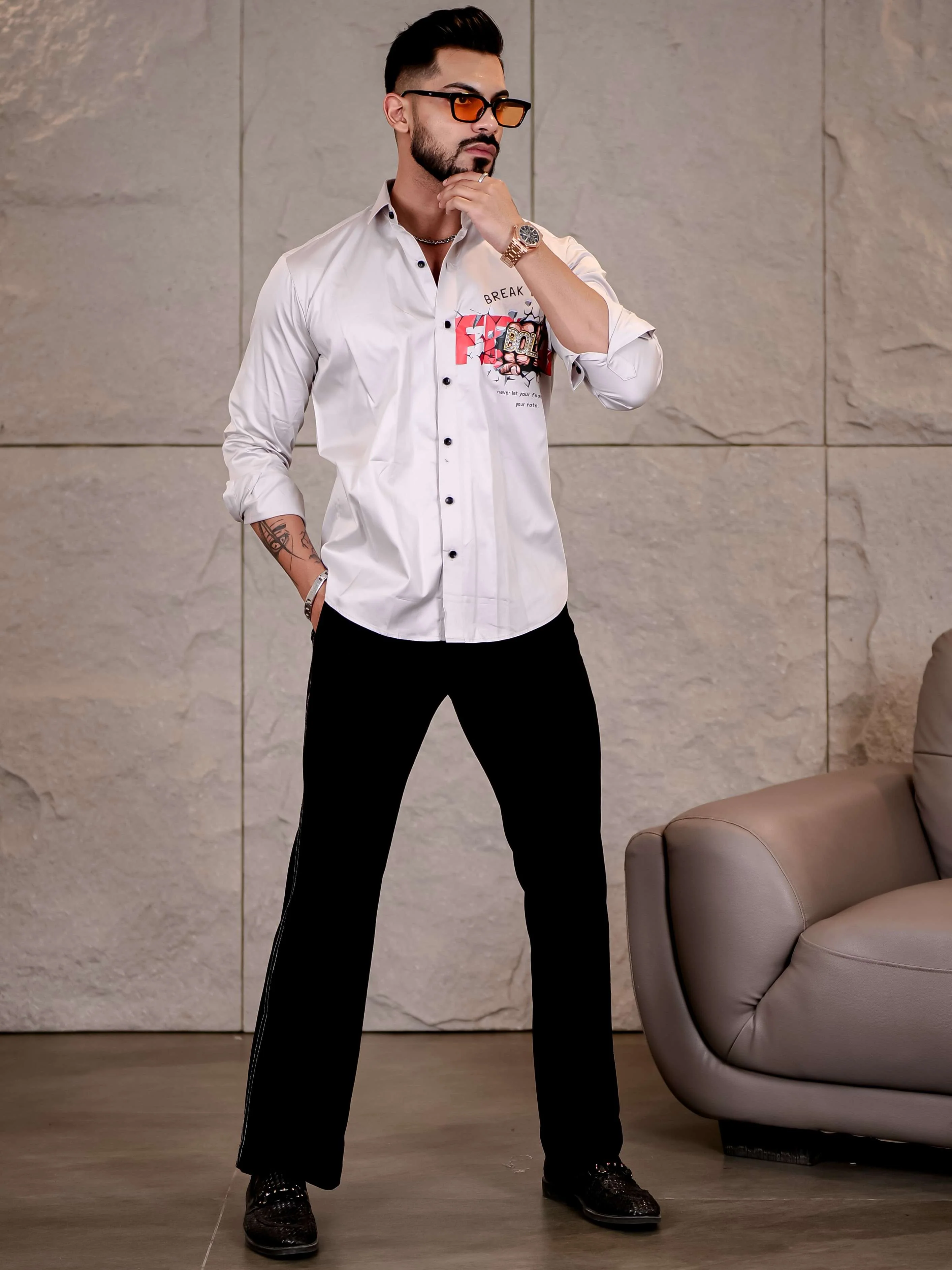 Grey Club Wear Boss Printed Satin Cotton Shirt - Image 4
