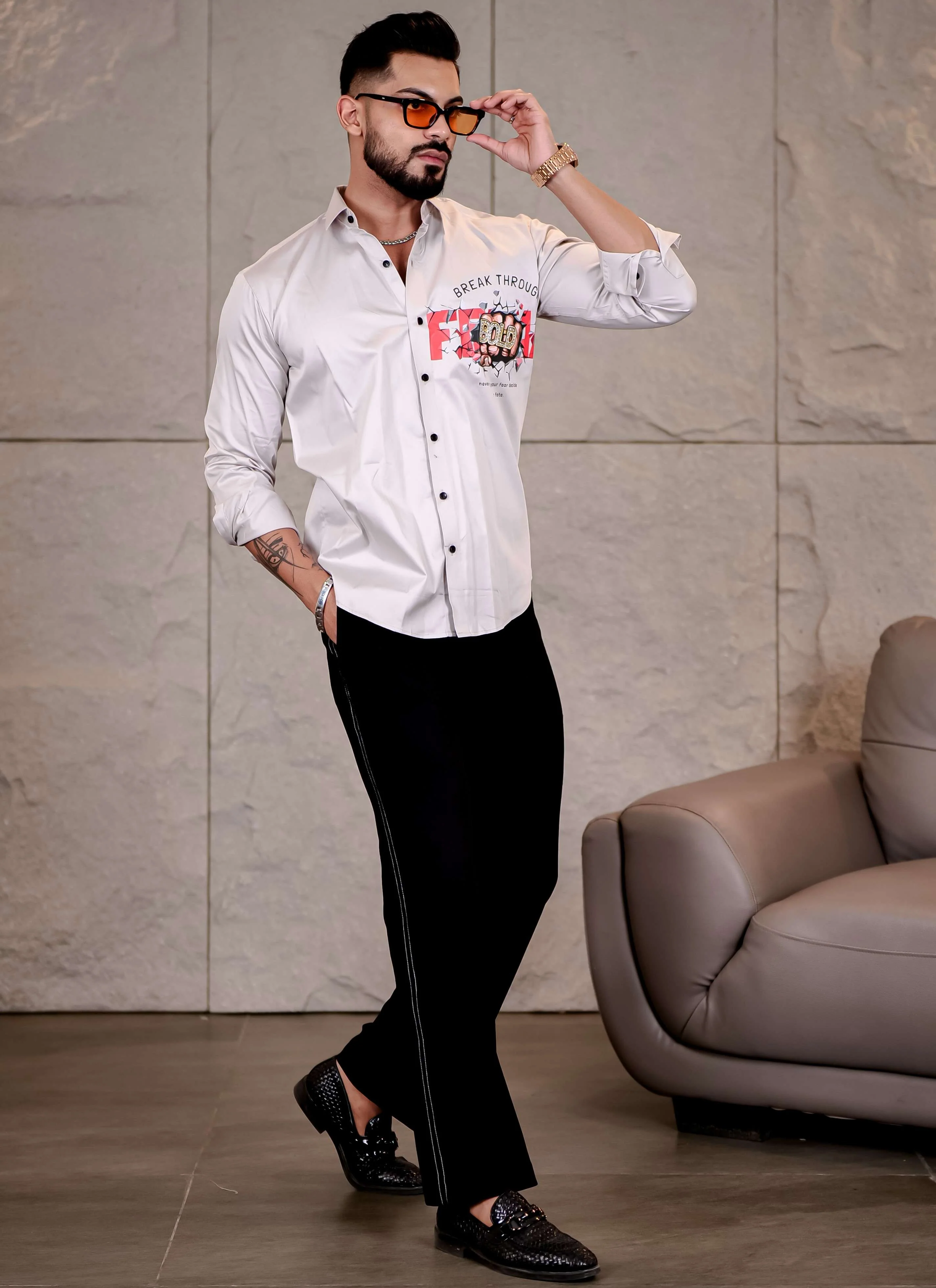 Grey Club Wear Boss Printed Satin Cotton Shirt - Image 5