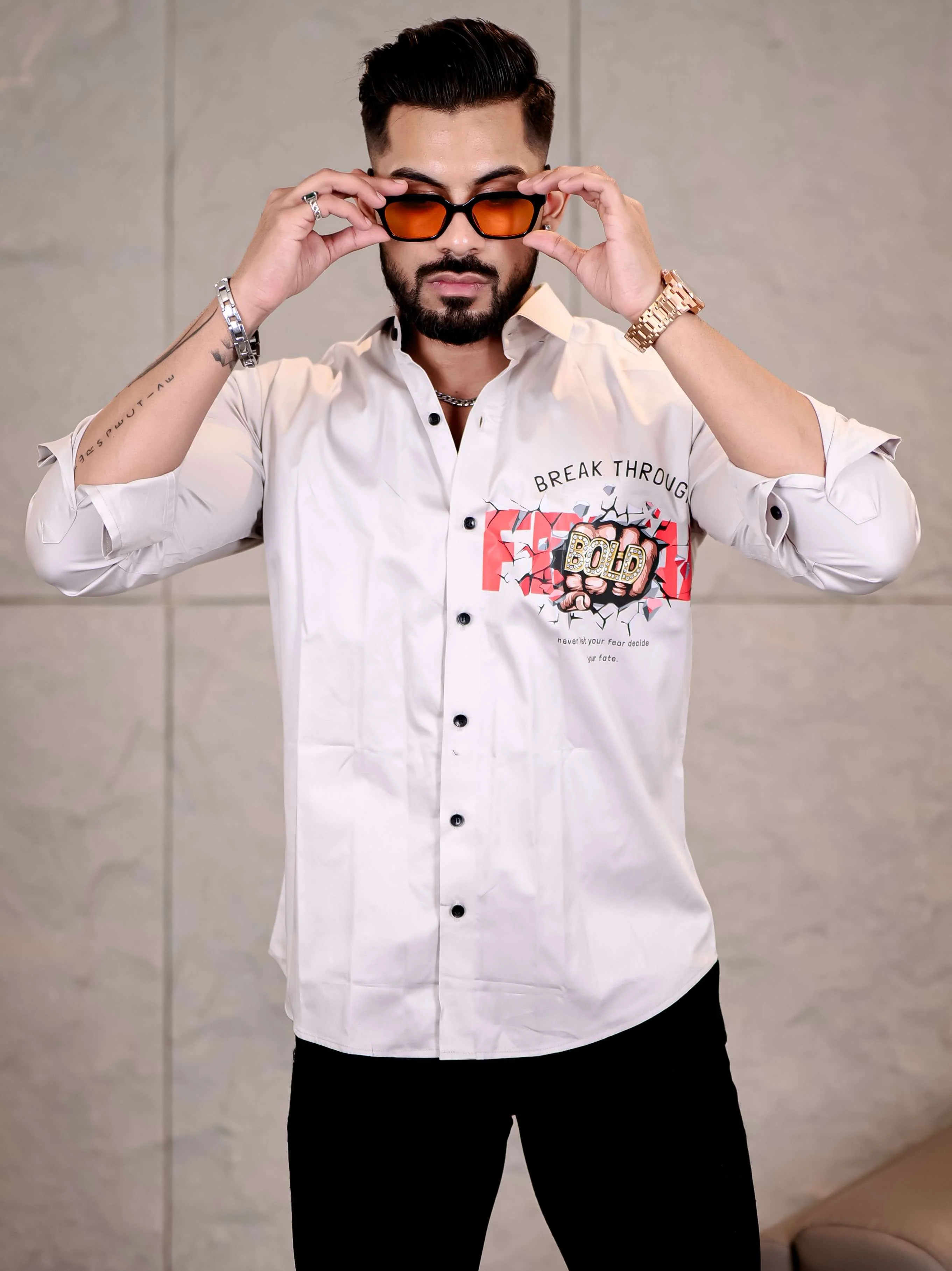 Grey Club Wear Boss Printed Satin Cotton Shirt - Image 7