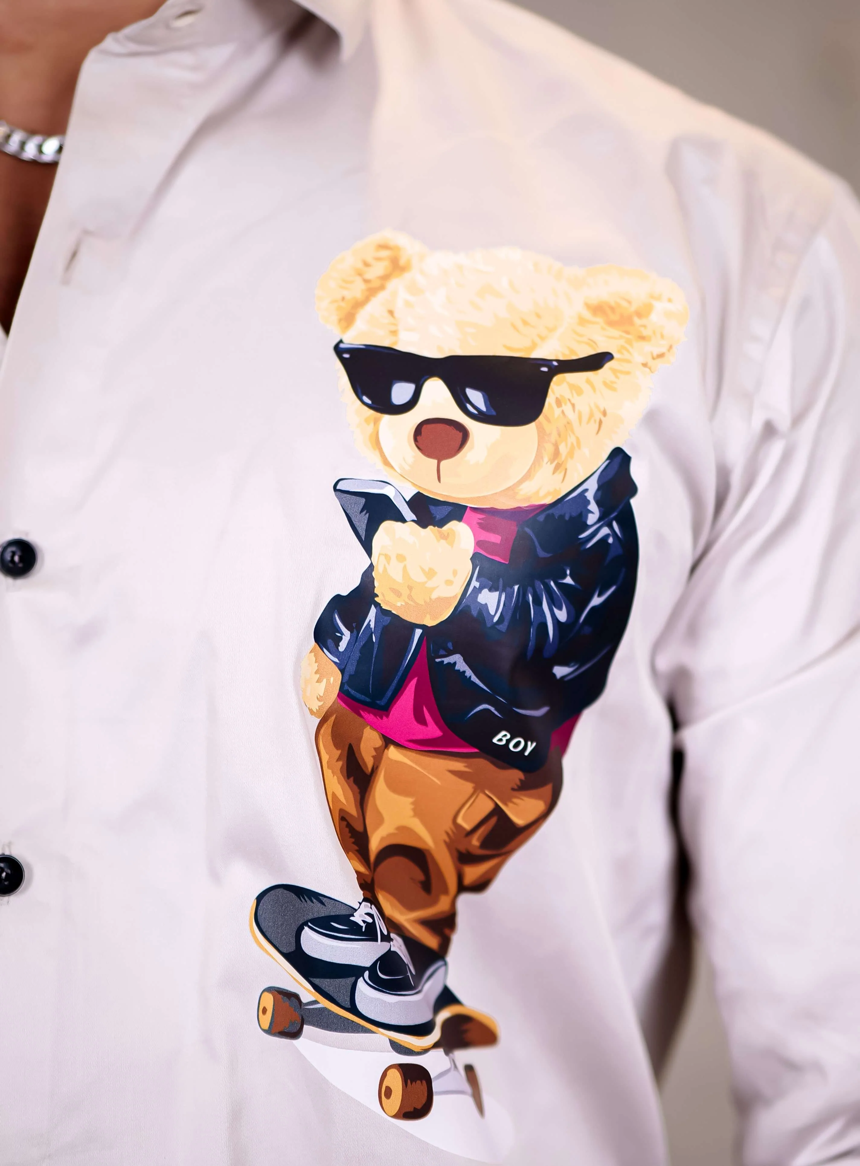 Grey Club Wear Skateboard Cartoon Printed Satin Cotton Shirt - Image 2
