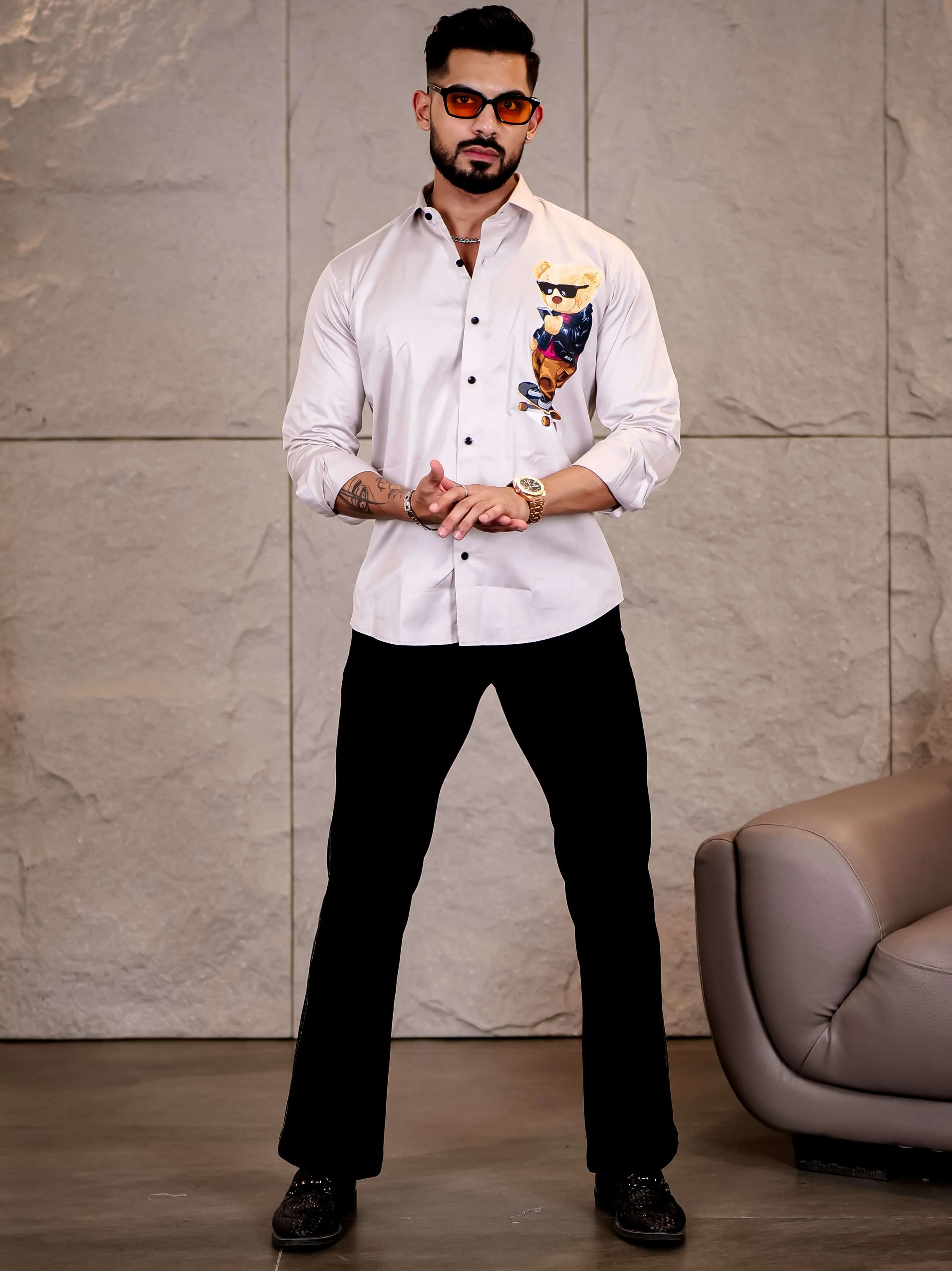 Grey Club Wear Skateboard Cartoon Printed Satin Cotton Shirt - Image 5