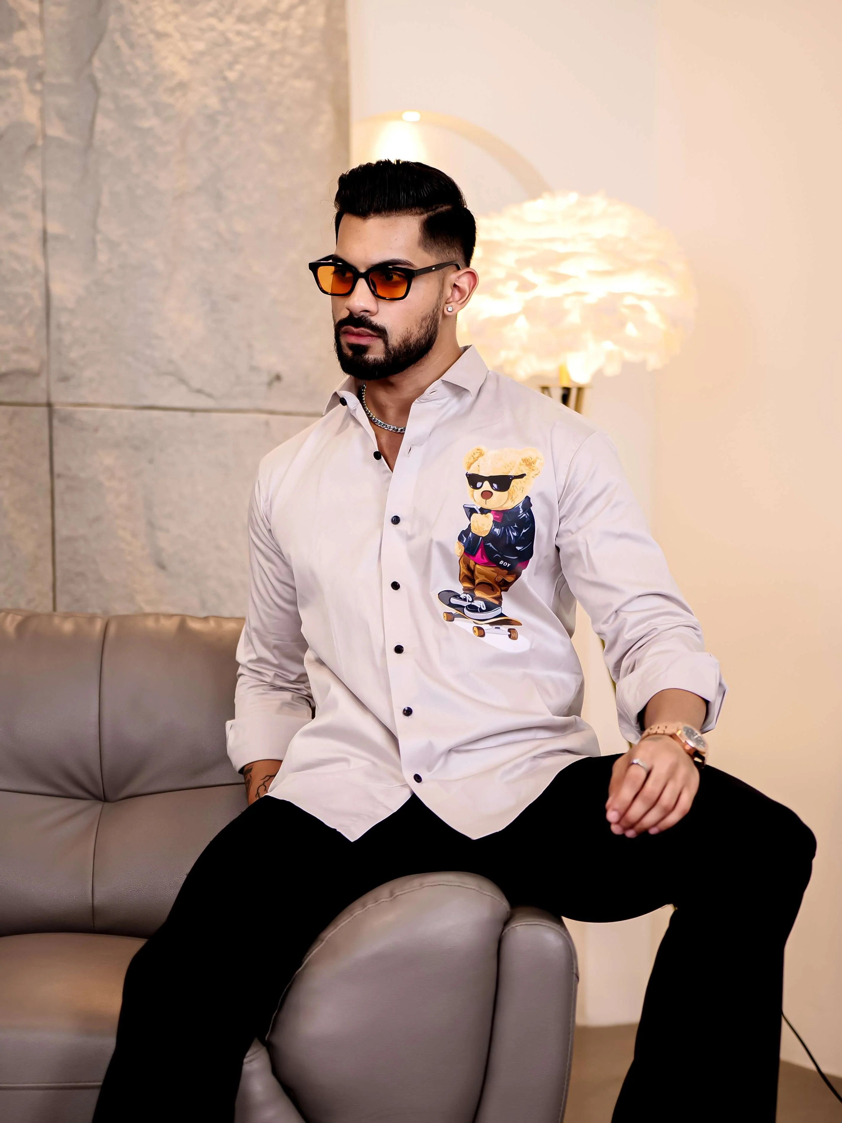 Grey Club Wear Skateboard Cartoon Printed Satin Cotton Shirt - Image 6