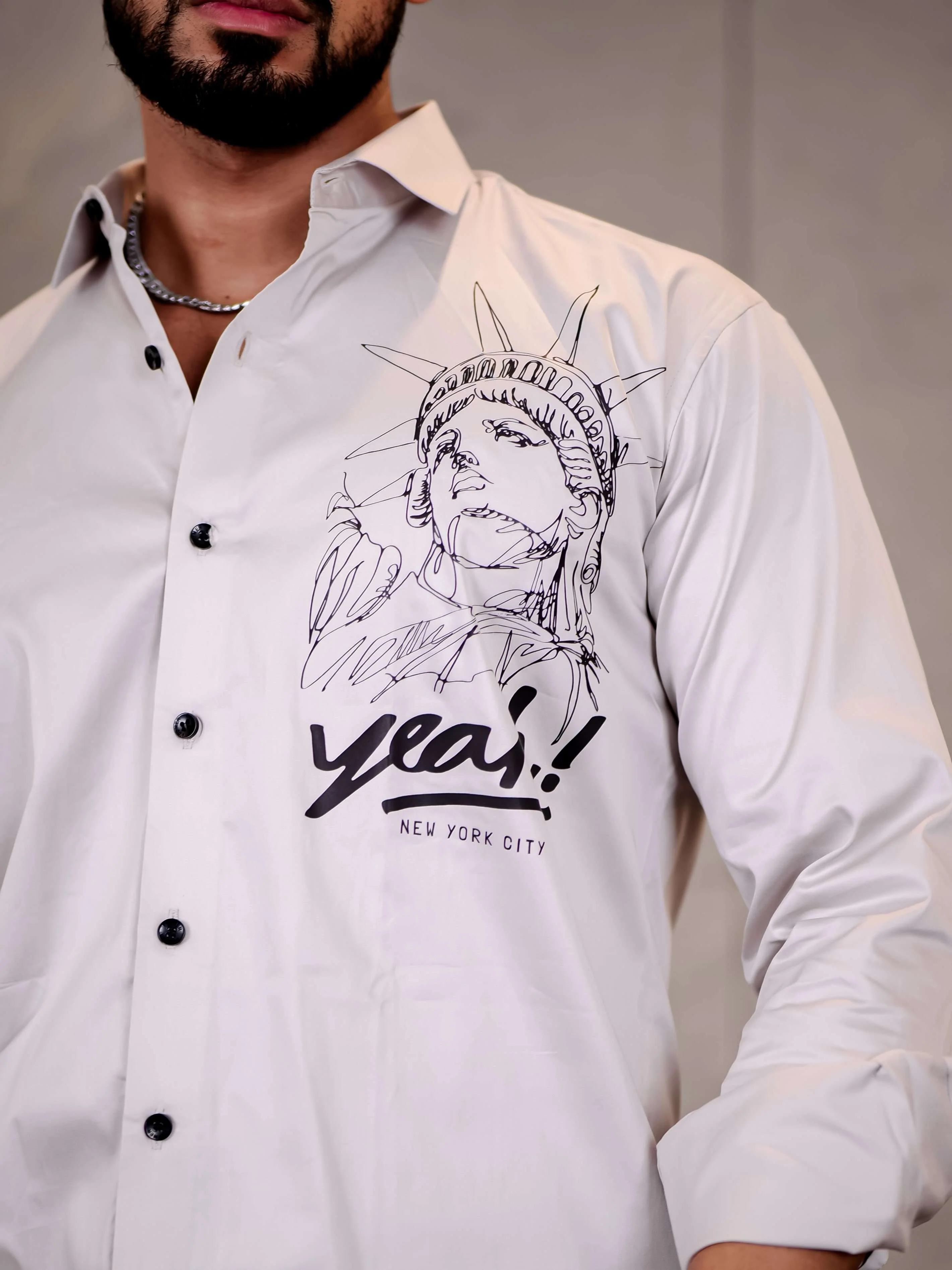 Grey Club Wear Statue of Liberty Printed Satin Cotton Shirt - Image 2