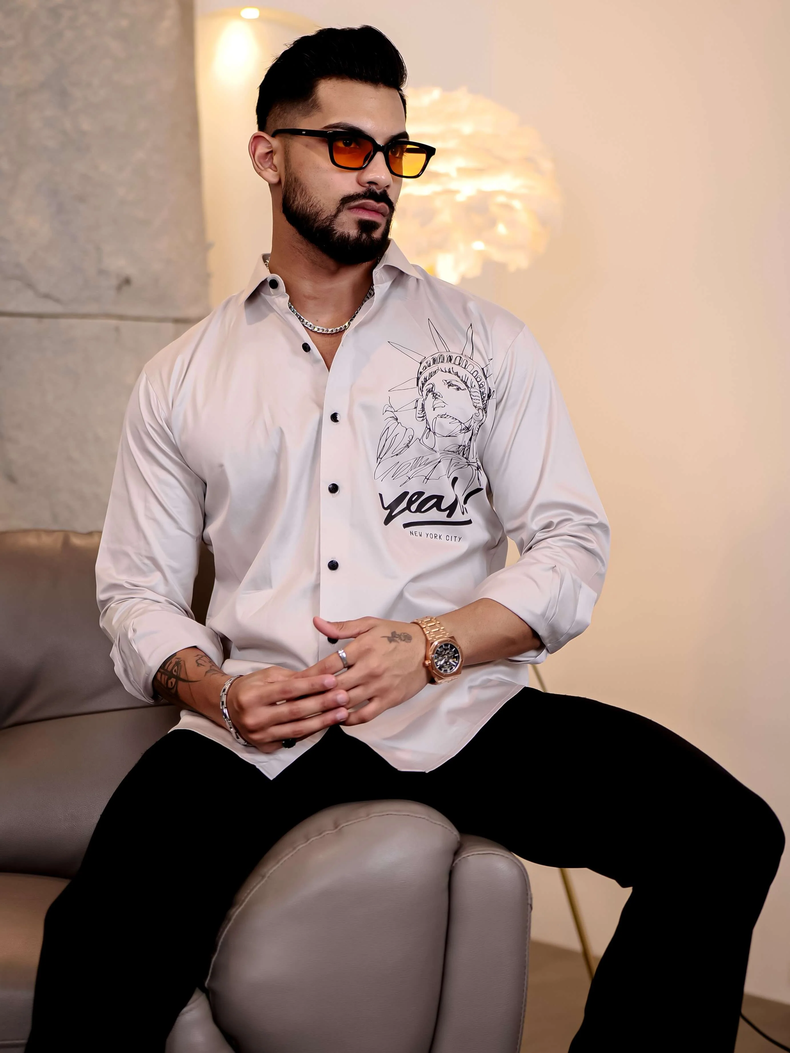 Grey Club Wear Statue of Liberty Printed Satin Cotton Shirt - Image 3