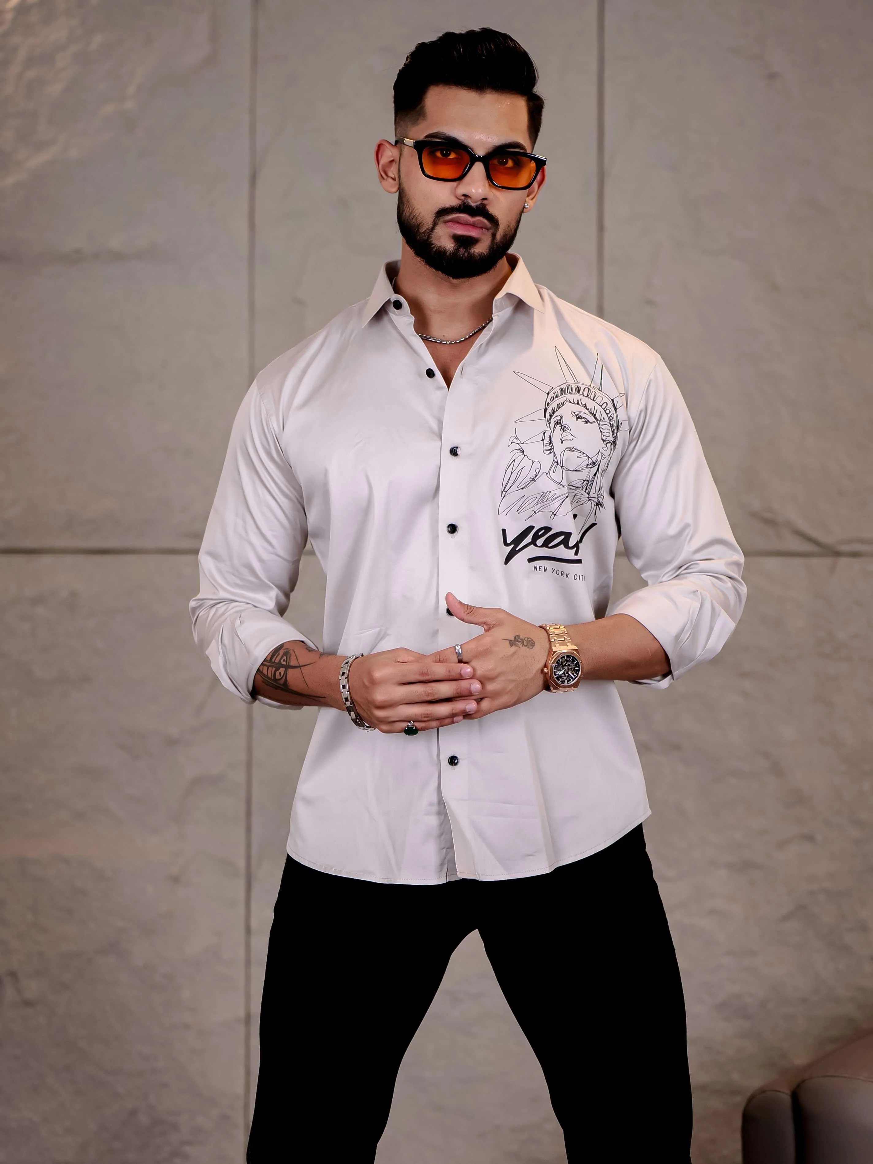 Grey Club Wear Statue of Liberty Printed Satin Cotton Shirt - Image 5