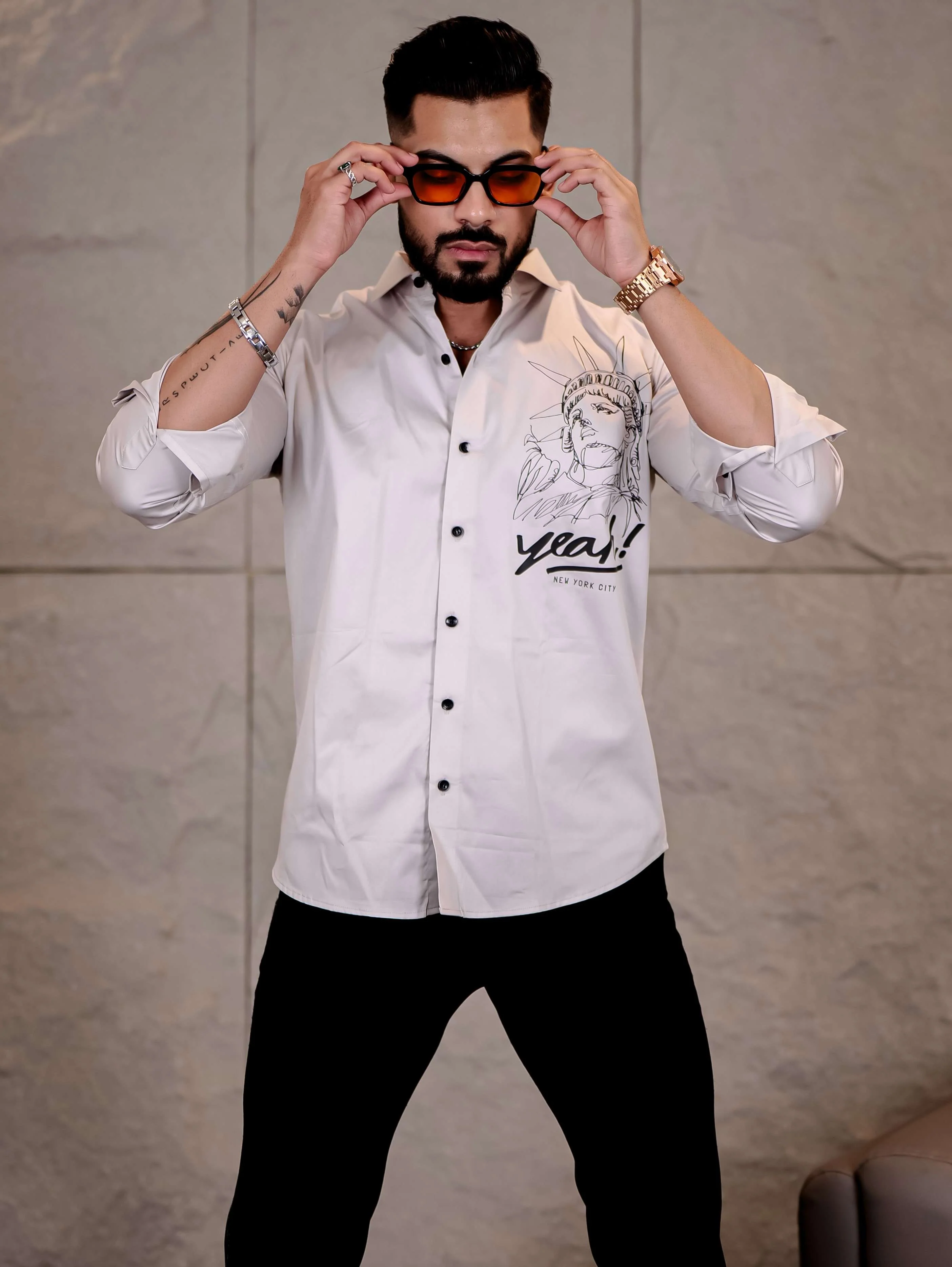 Grey Club Wear Statue of Liberty Printed Satin Cotton Shirt - Image 6