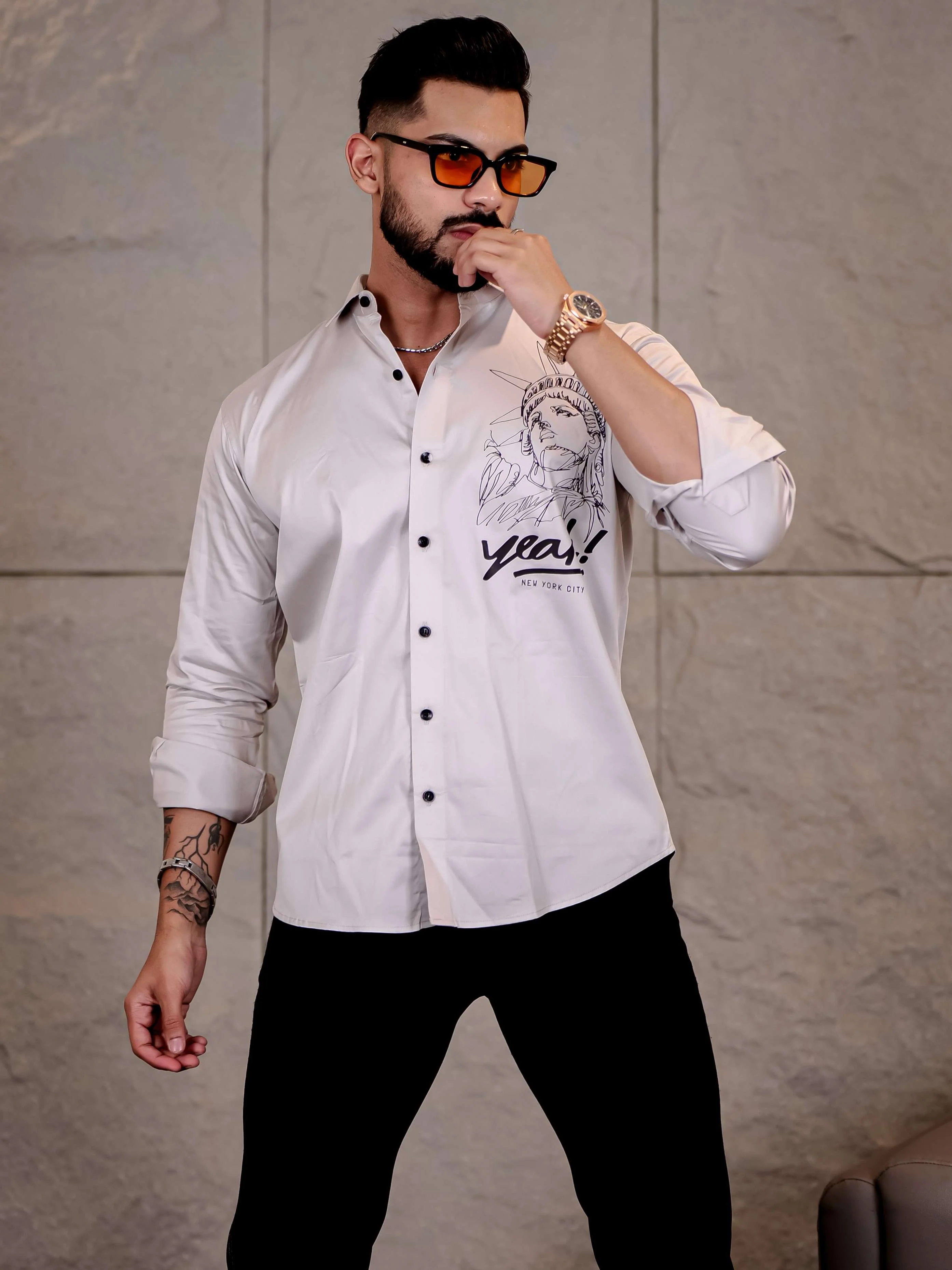 Grey Club Wear Statue of Liberty Printed Satin Cotton Shirt - Image 7