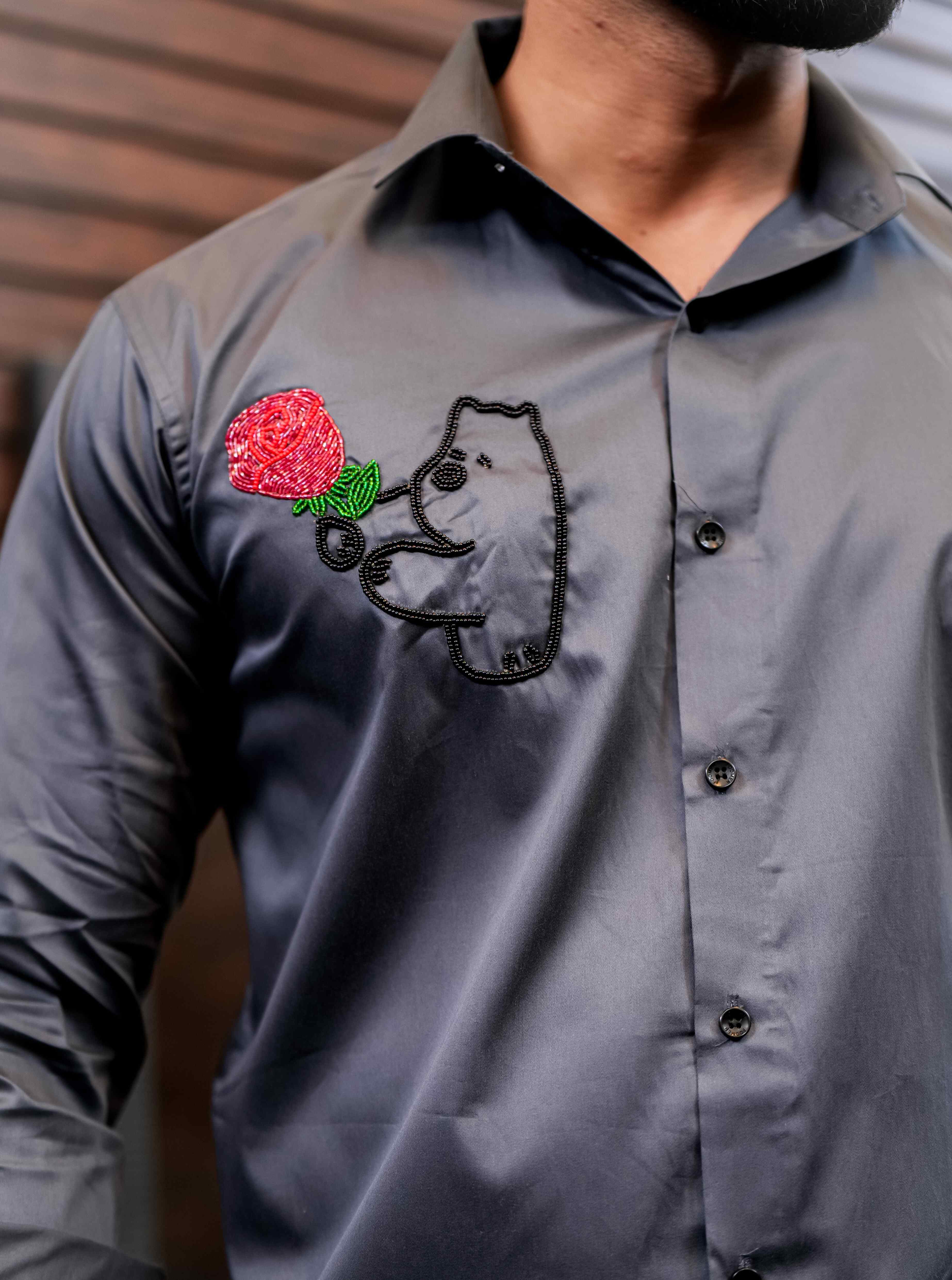 Grey Rhinestone Hand Work Party Satin Cotton Premium Shirt - Image 2