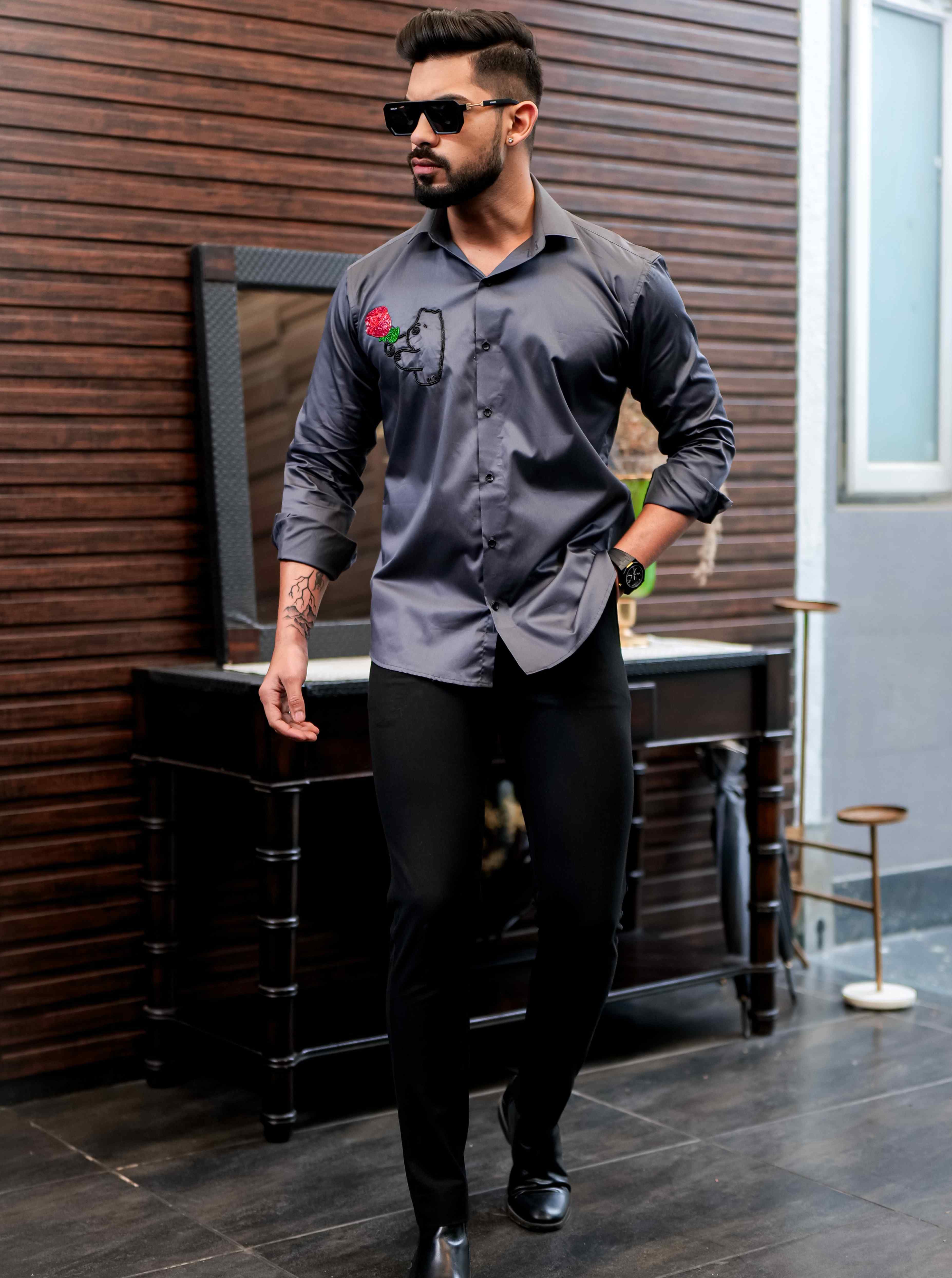 Grey Rhinestone Hand Work Party Satin Cotton Premium Shirt - Image 4