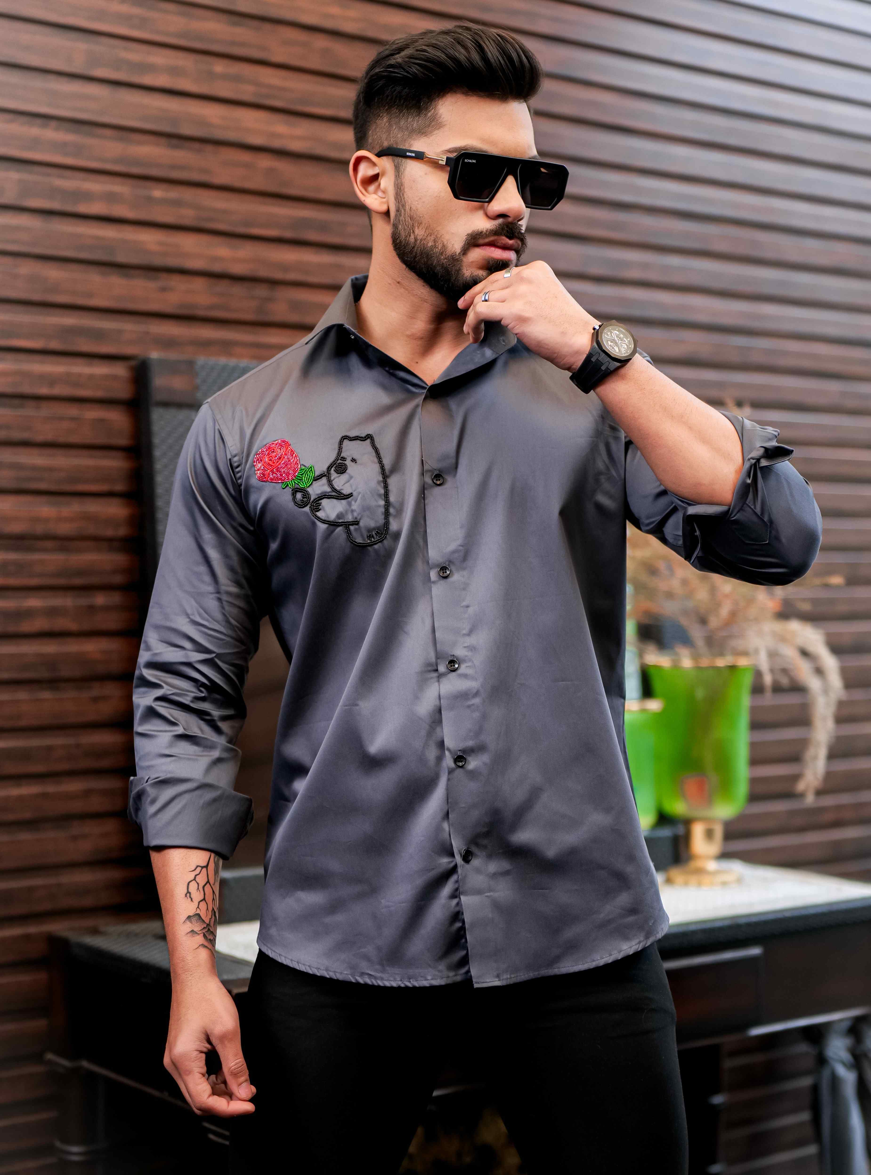 Grey Rhinestone Hand Work Party Satin Cotton Premium Shirt - Image 7