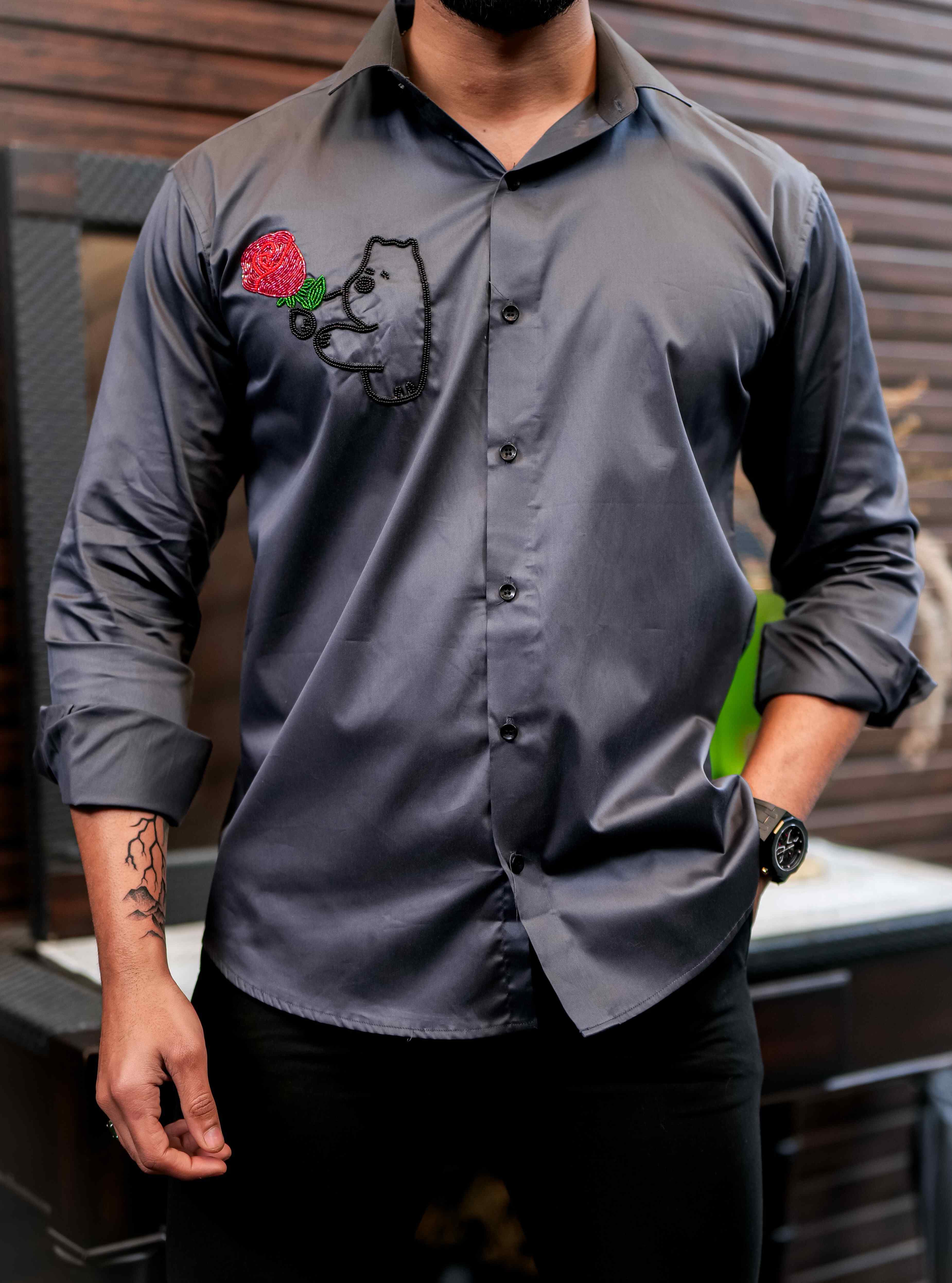 Grey Rhinestone Hand Work Party Satin Cotton Premium Shirt - Image 9