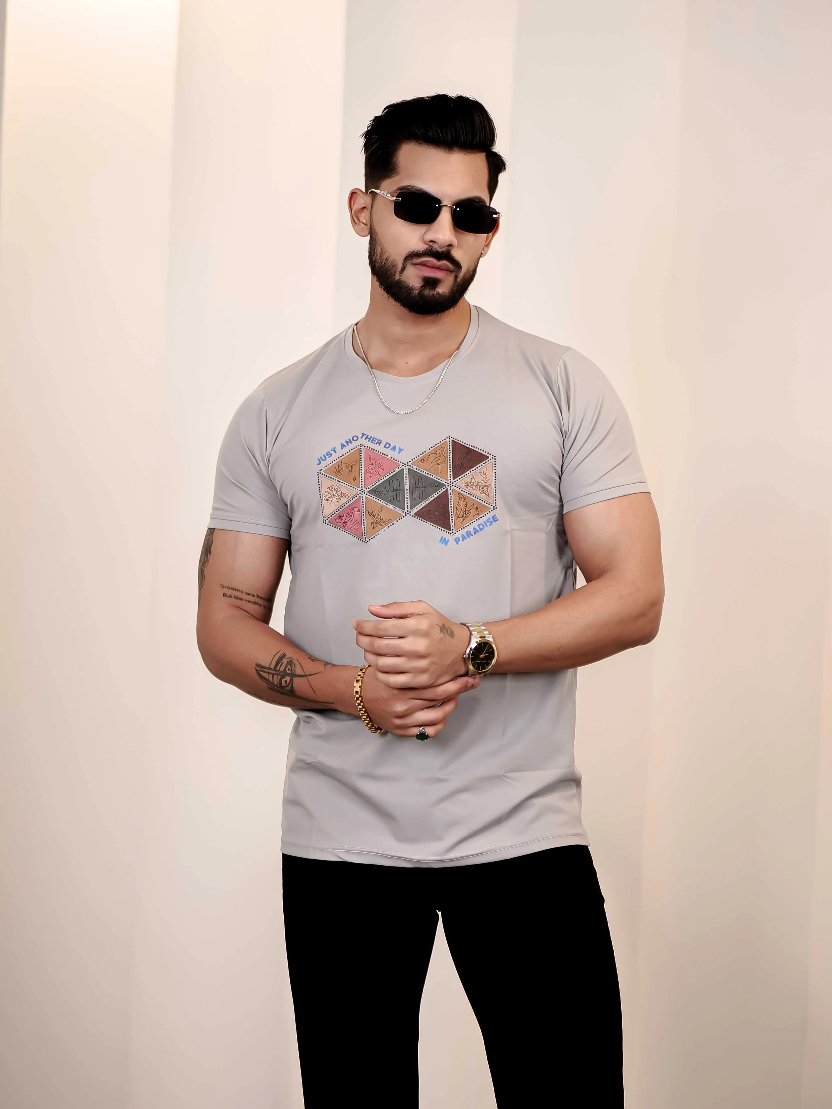 Grey Round Neck Imported Cotton Half Sleeve Premium Designer T-Shirt - Image 3