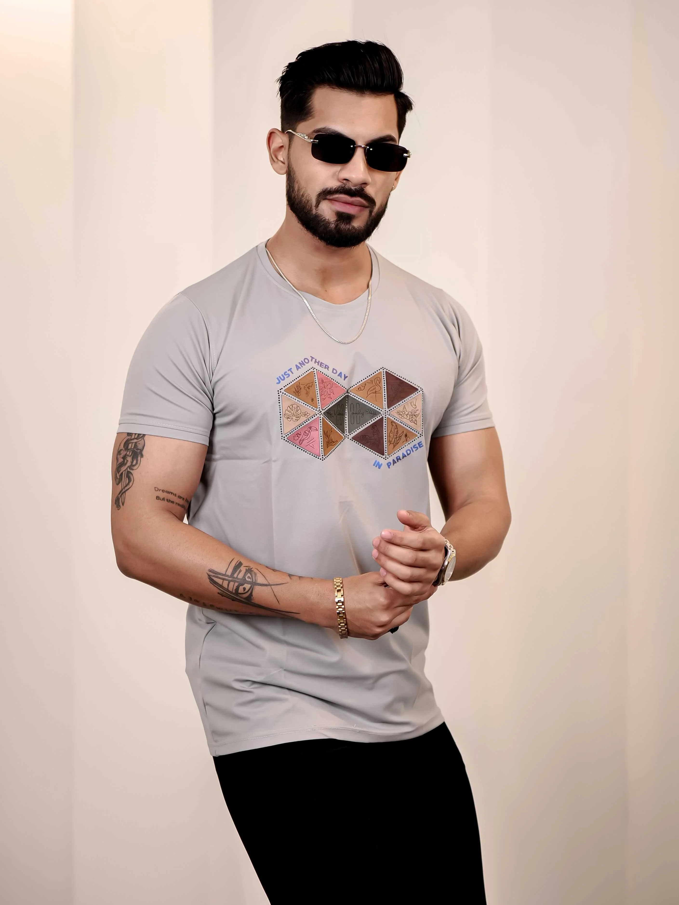 Grey Round Neck Imported Cotton Half Sleeve Premium Designer T-Shirt - Image 5