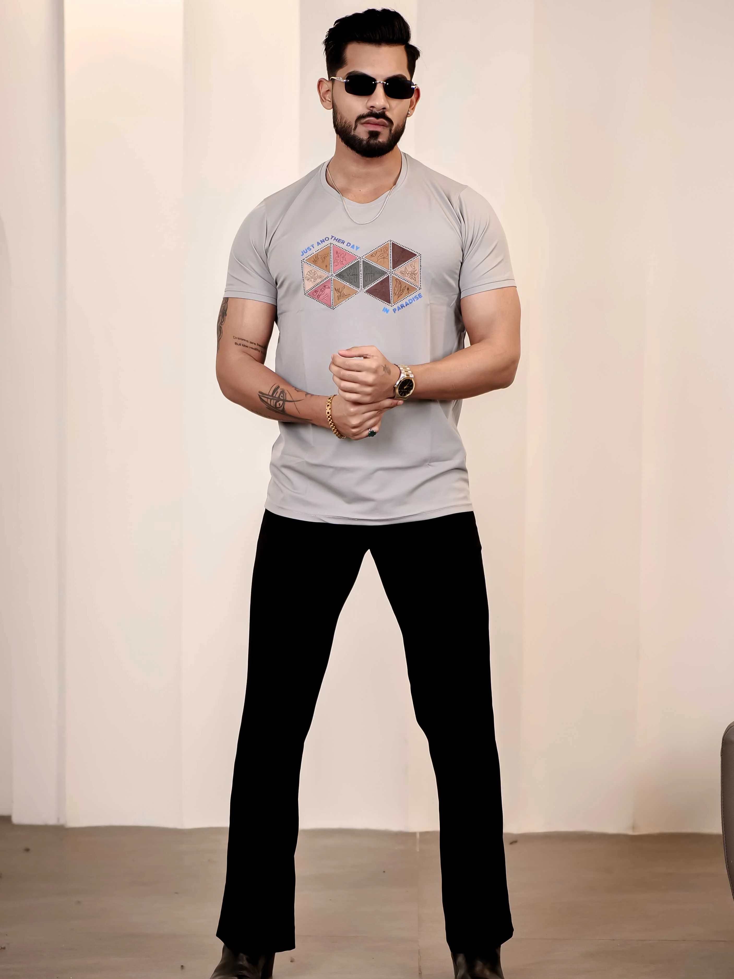 Grey Round Neck Imported Cotton Half Sleeve Premium Designer T-Shirt - Image 8
