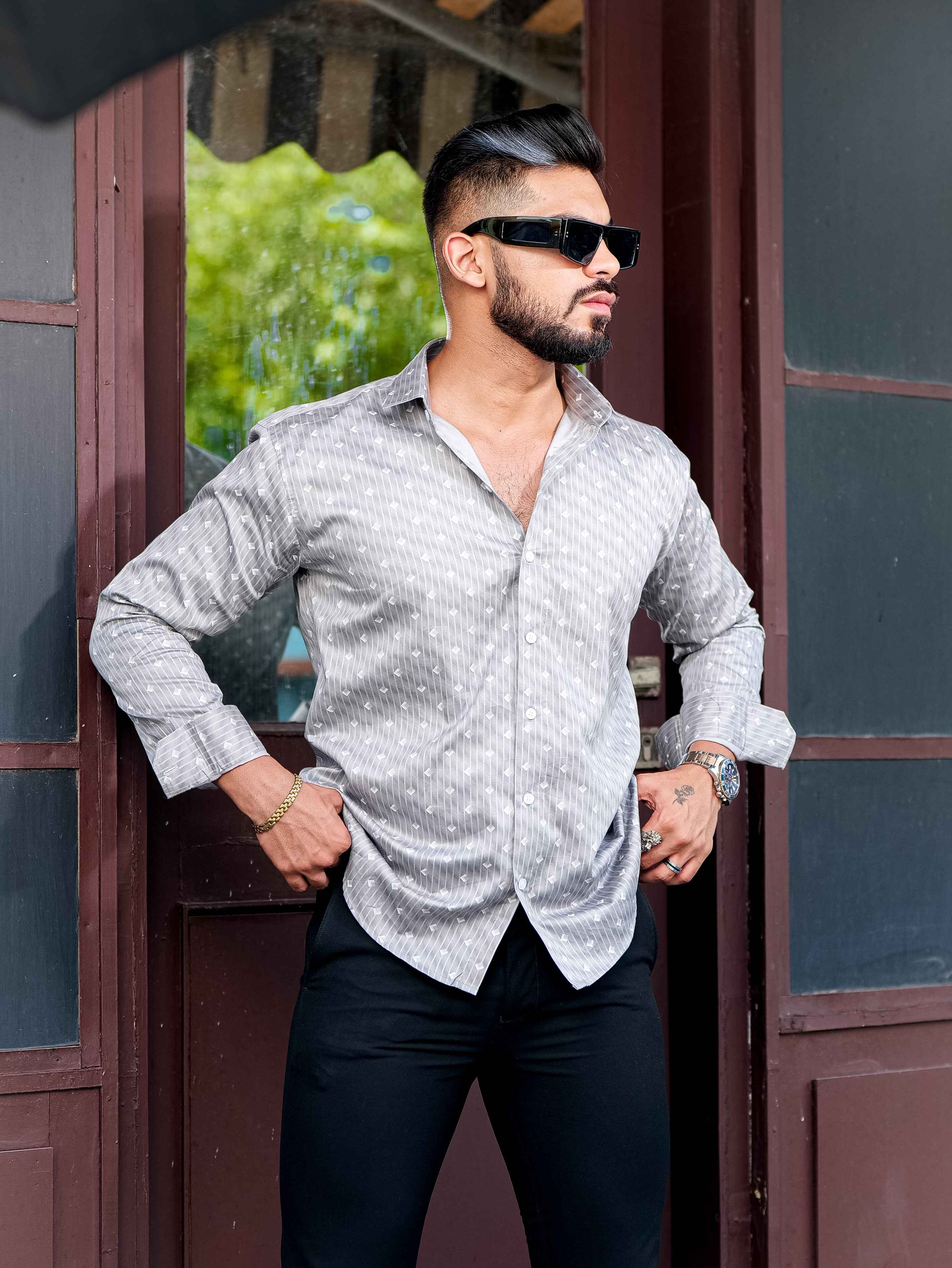 Grey Satin Print Premium Shirt - Image 3