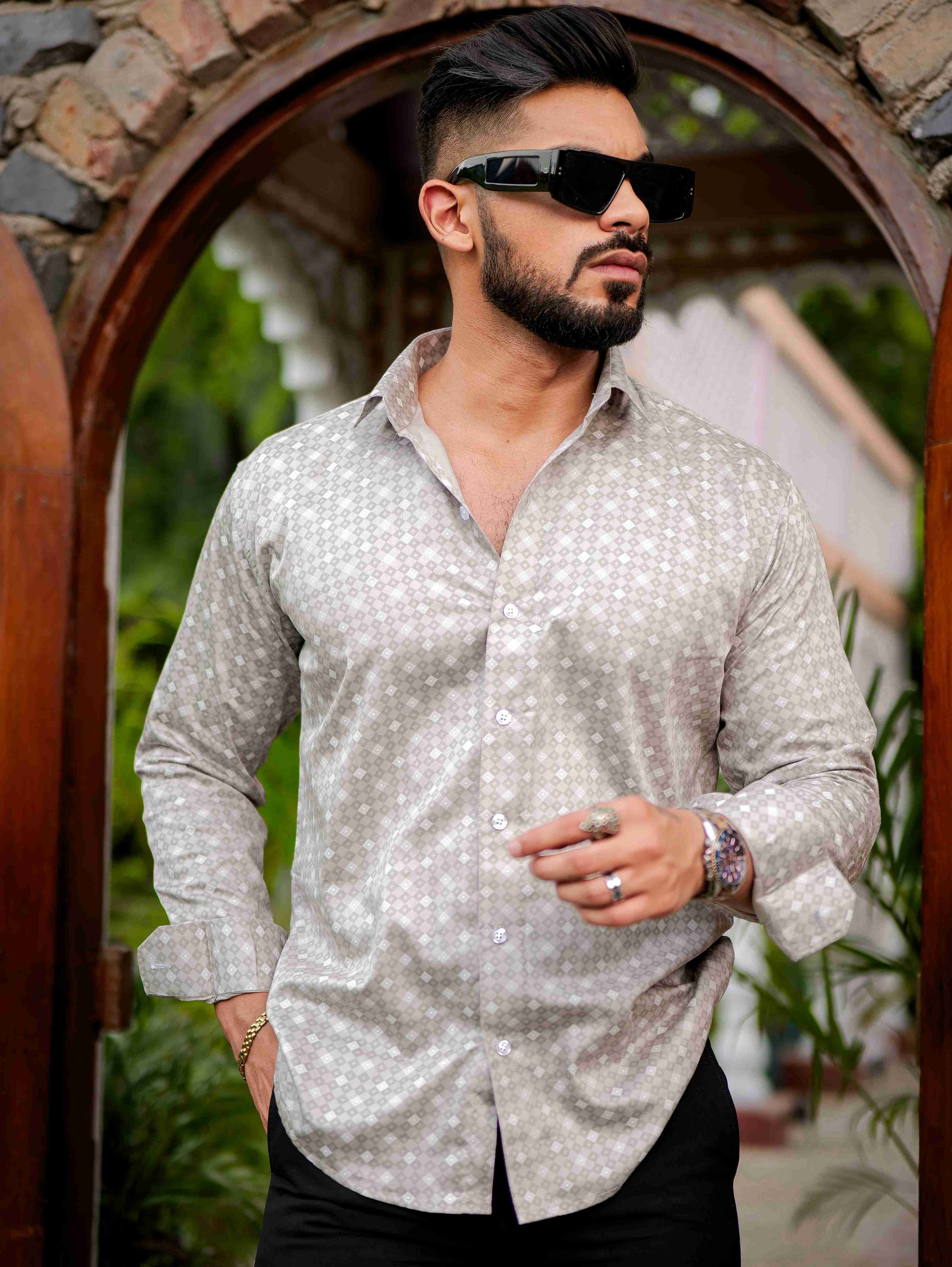 Grey Satin Print Premium Shirt - Image 3