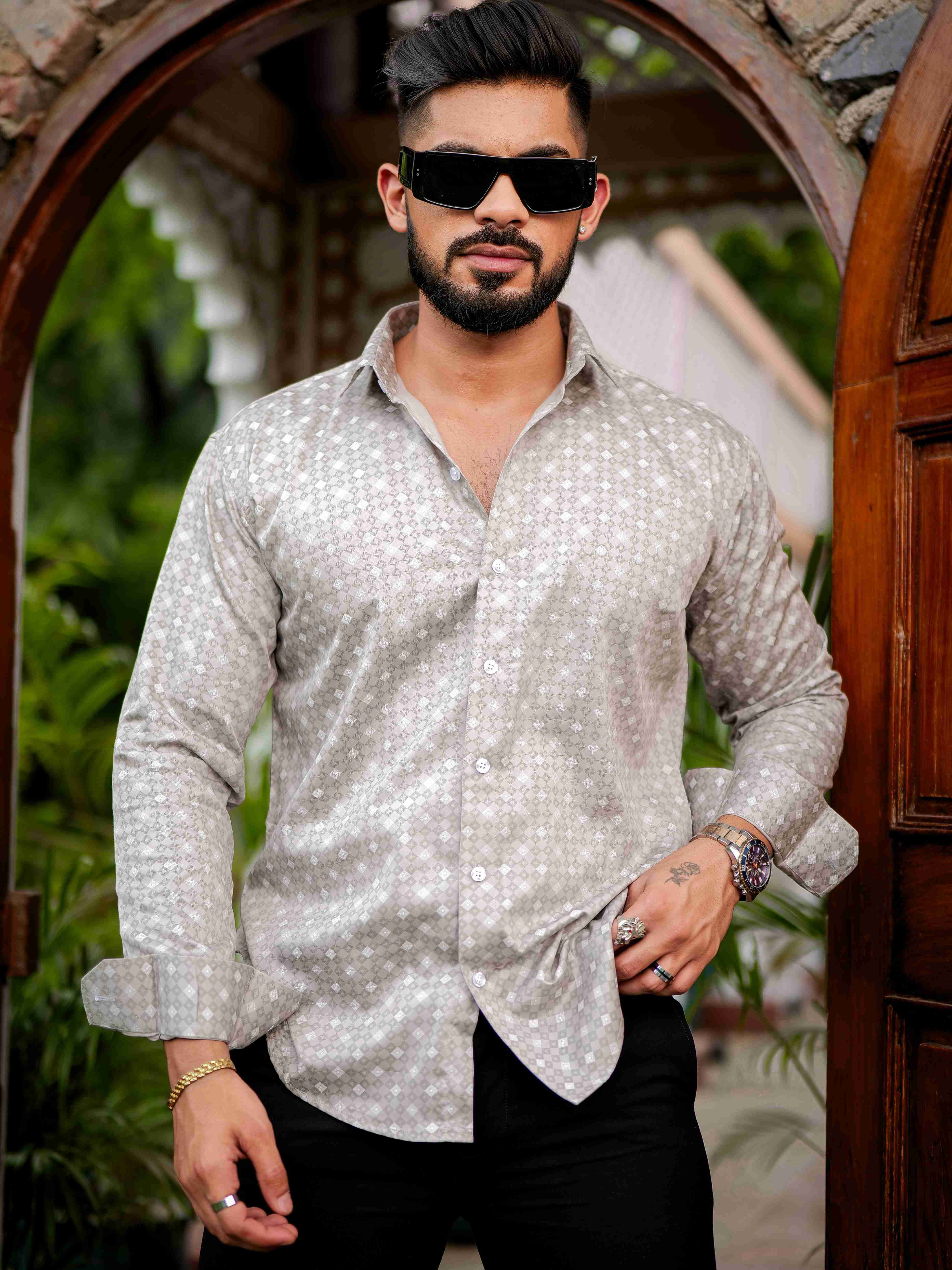 Grey Satin Print Premium Shirt - Image 4