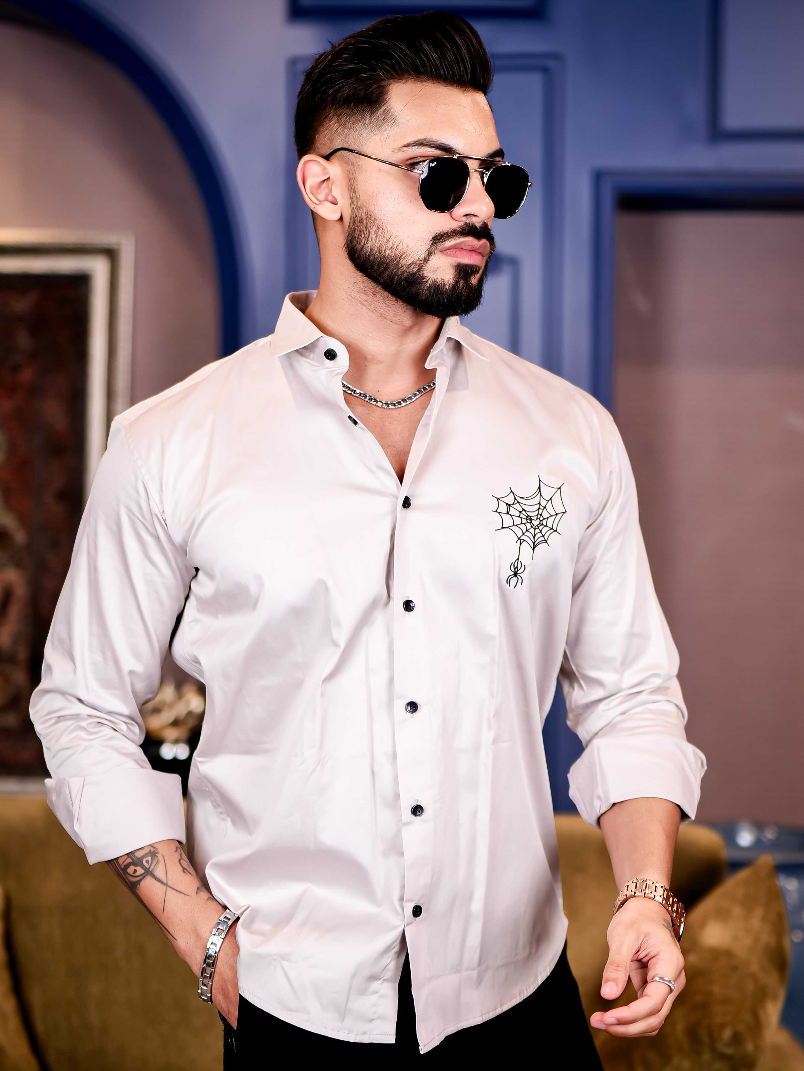Grey Spider Embroidered Premium Cotton Shirt For Men - Image 3