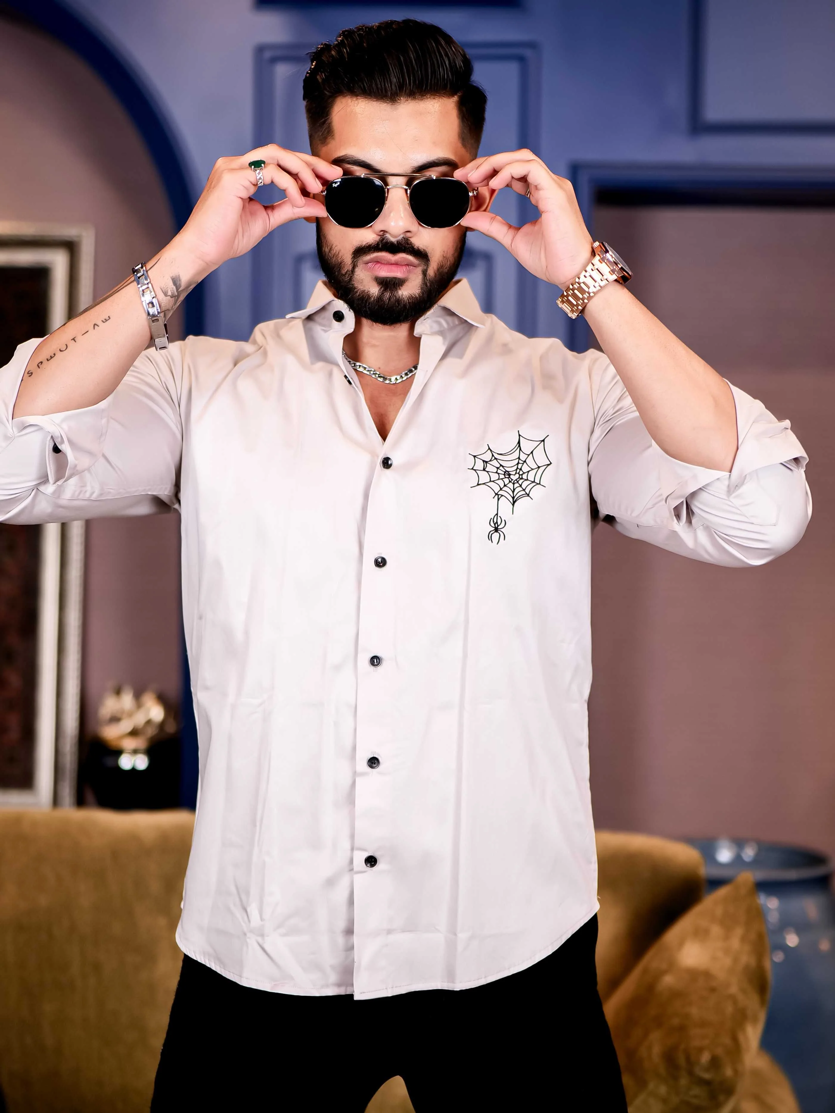 Grey Spider Embroidered Premium Cotton Shirt For Men - Image 4