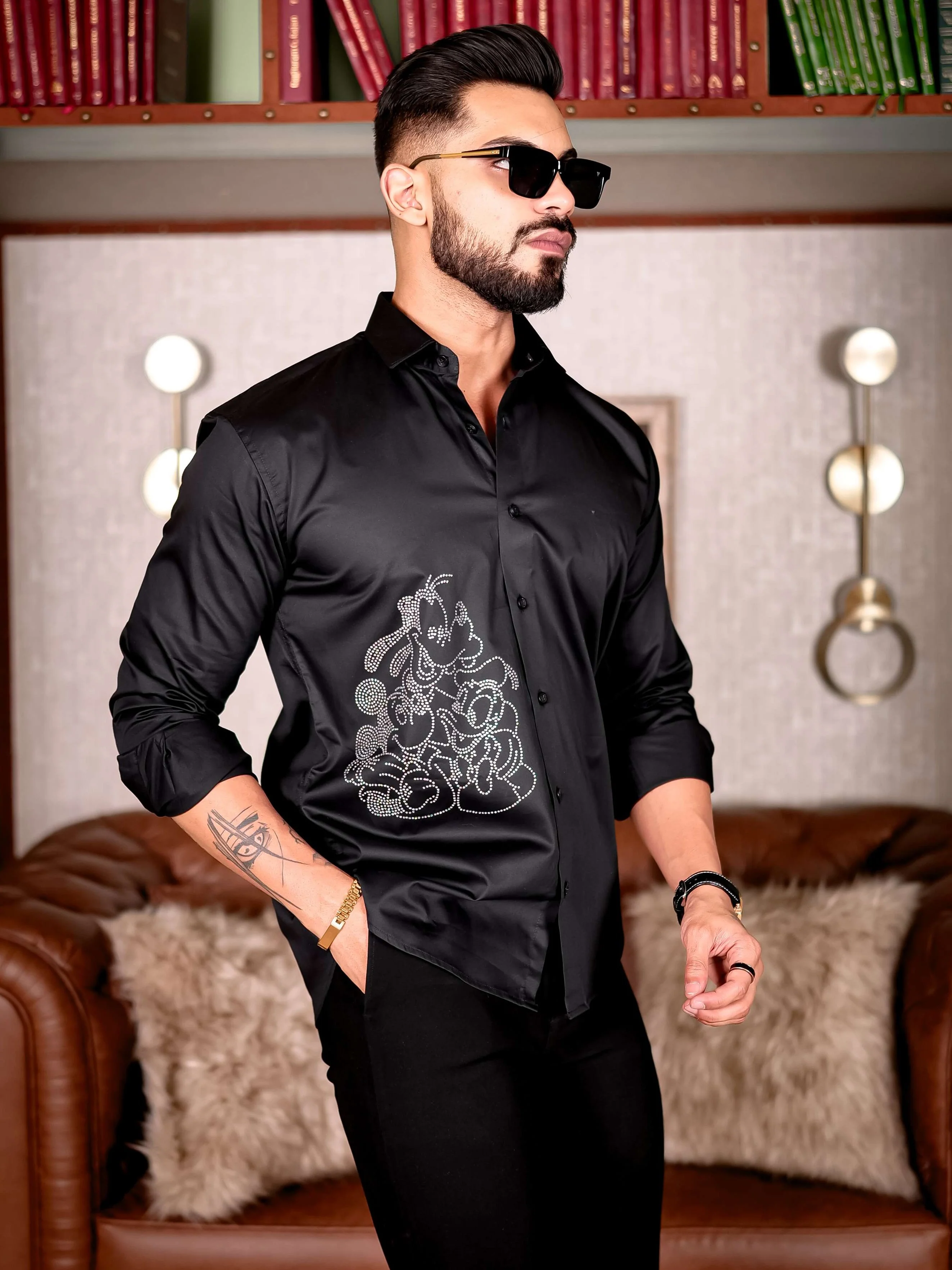 Black Starry Beaded Satin Cotton Premium Party Shirt - Image 4