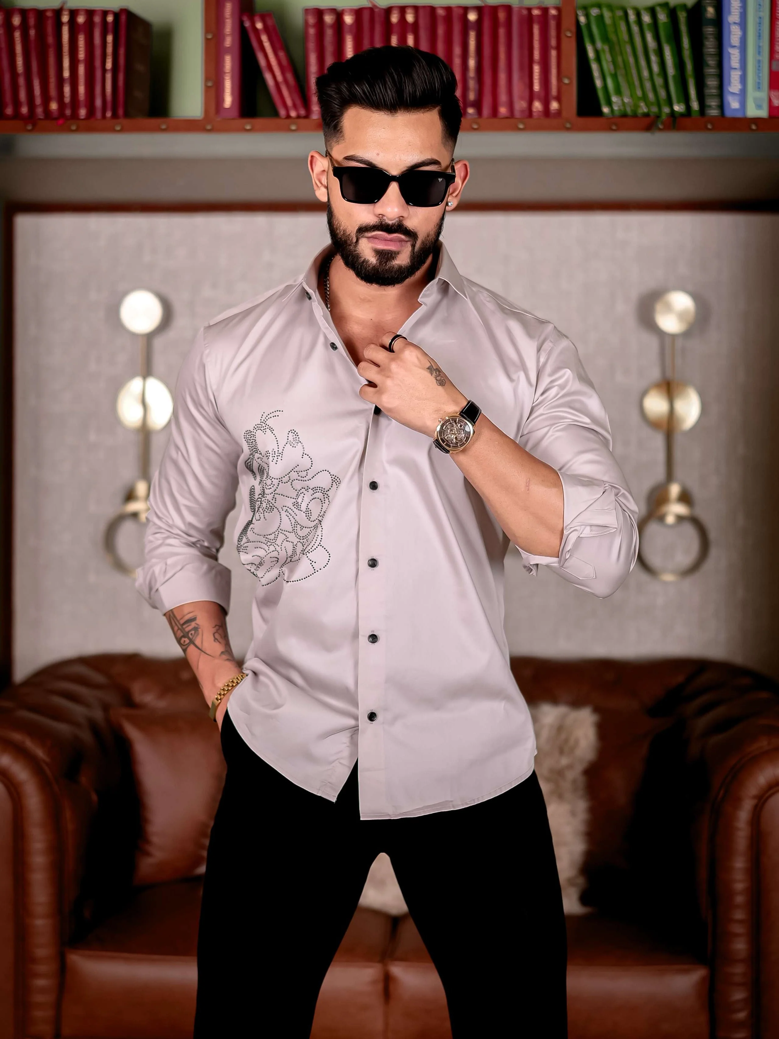 GREY STARRY BEADED SATIN COTTON PREMIUM PARTY SHIRT - Image 5