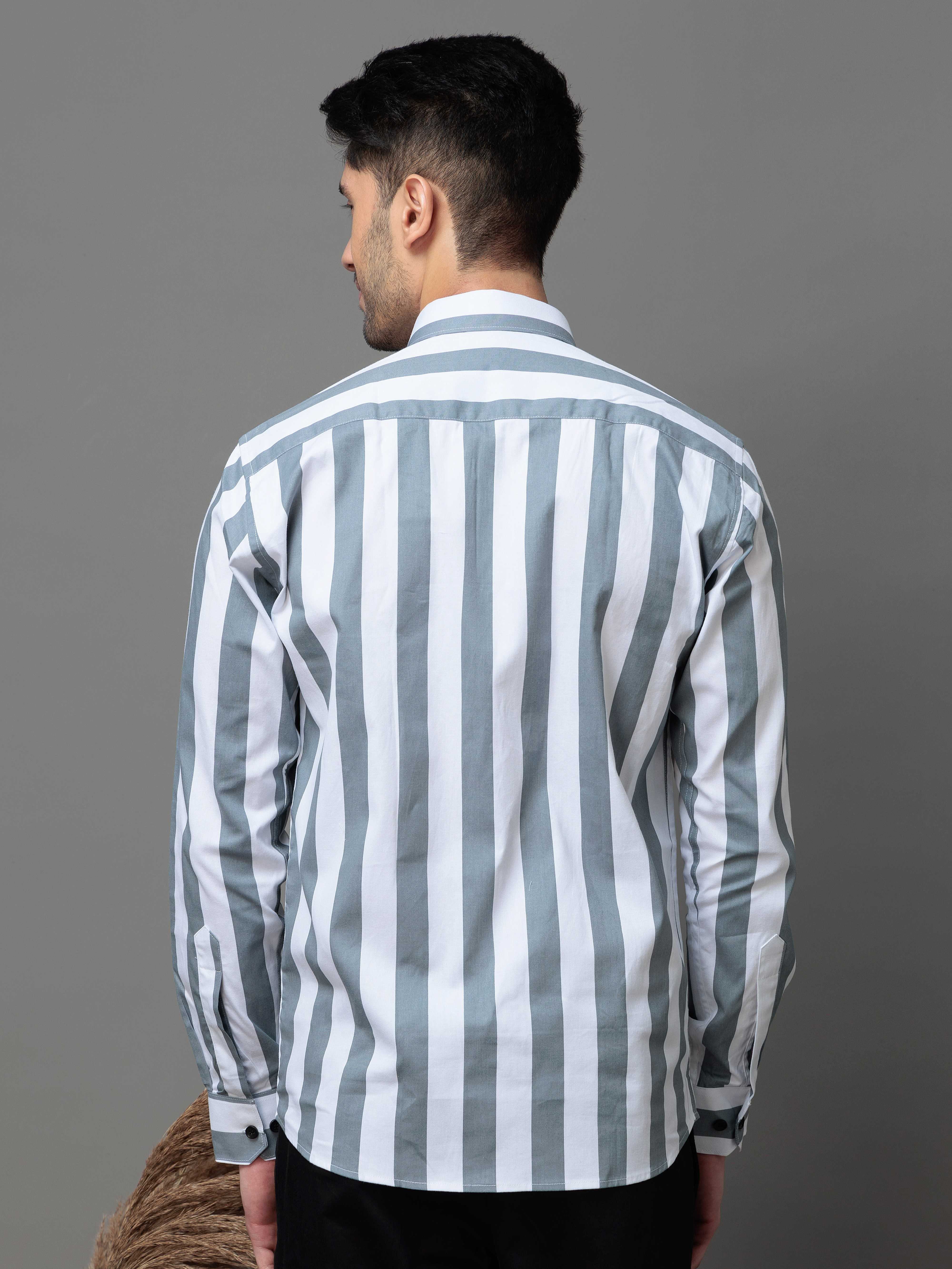 GREY STRIPED COTTON CASUAL SHIRT FOR MEN'S - Image 3