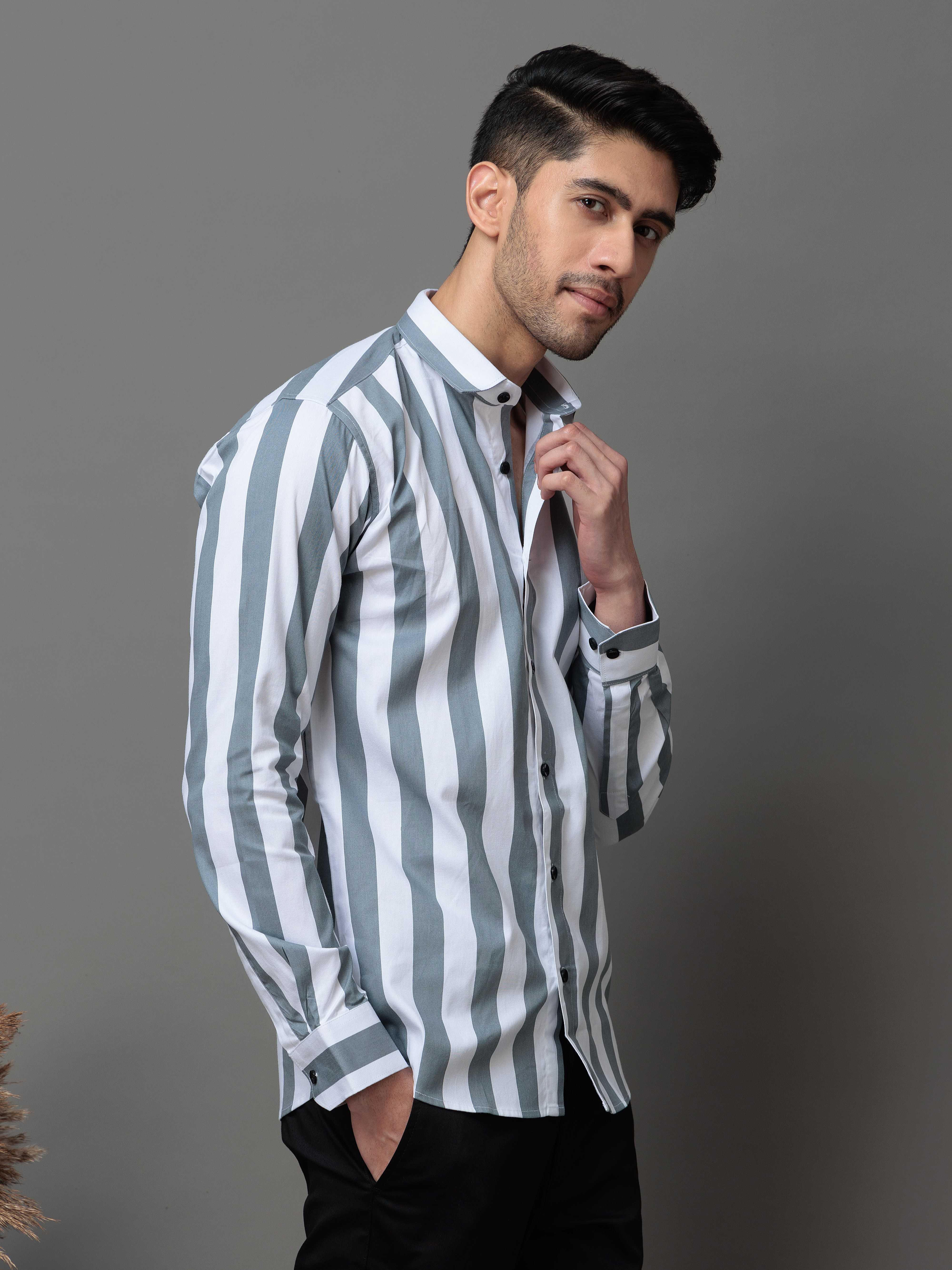 GREY STRIPED COTTON CASUAL SHIRT FOR MEN'S - Image 4